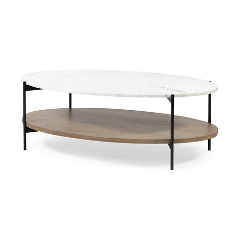 Larkin 48" Oval White Marble Top and Solid Wood Shelf with Black Metal Frame Coffee Table