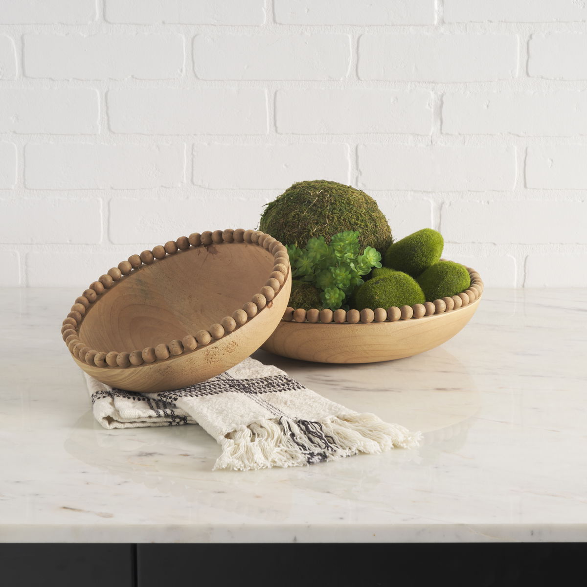 Wendell Light Brown Wood with Wood Bead Round Bowls, Decorative Bowl by Mercana, 12" length x 12" width x 3" height View 2