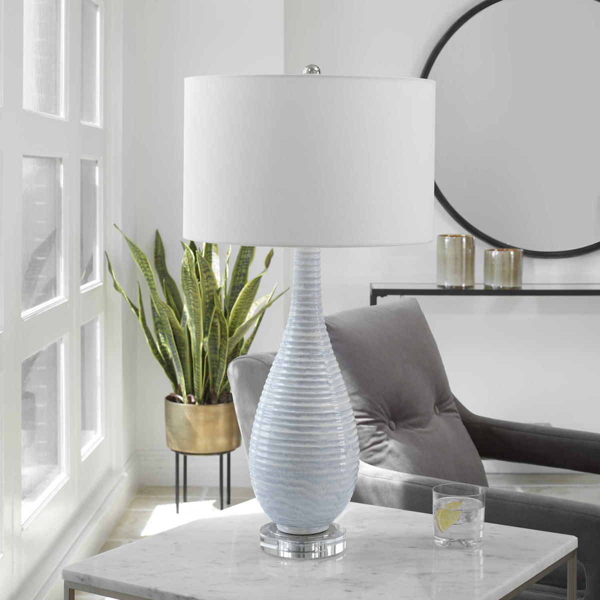 Clariot Ribbed Blue Table Lamp, by Uttermost, 16" width x 31" height x 16" depth View 4