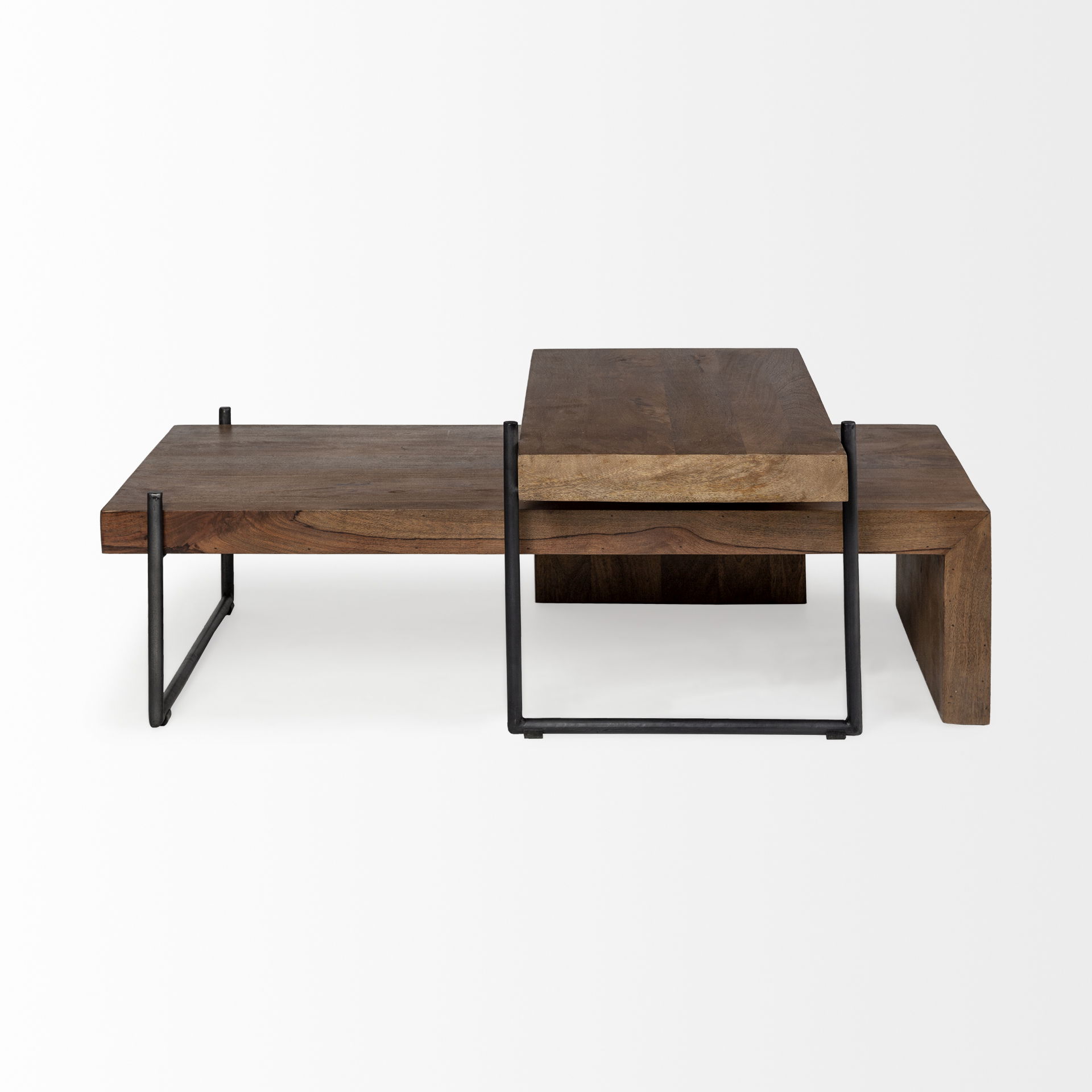 Maddox Set of 2 Brown Solid Wood Top Black Metal Base Nesting Coffee Tables large image 