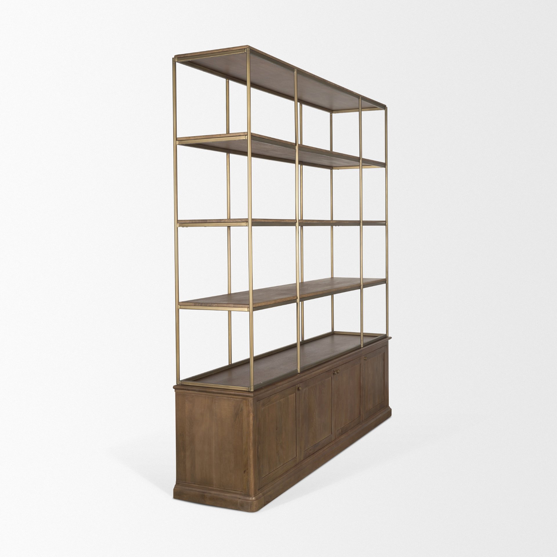 Baron 4-Door Dark Brown Wood with Antique Brass Metal Open Shelving Unit, Shelving & Bookcase by Mercana, 81.75" length x 19" width x 90" height View 8