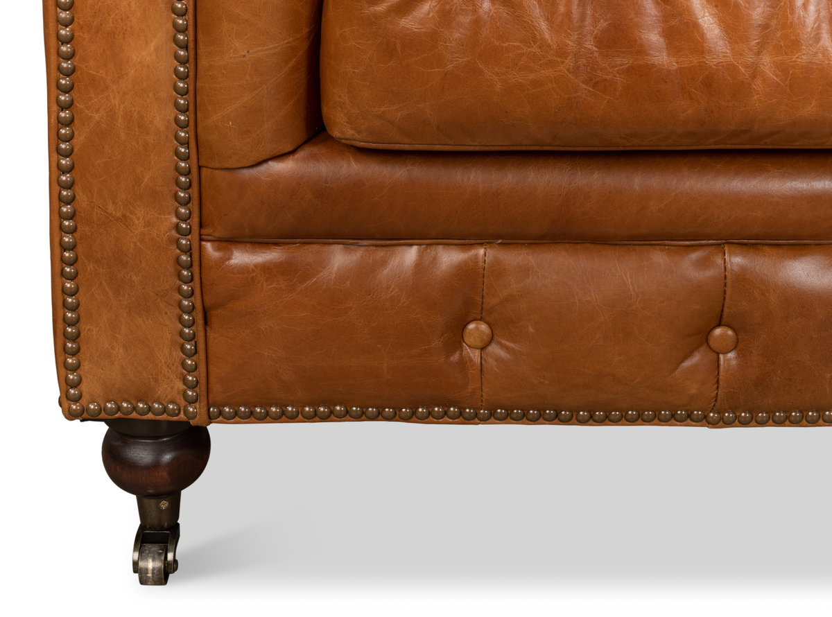 Tufted English Club Sofa  Cuba Brown, by Sarreid, 3'2" length x 7'5" width x 2'8" height View 7