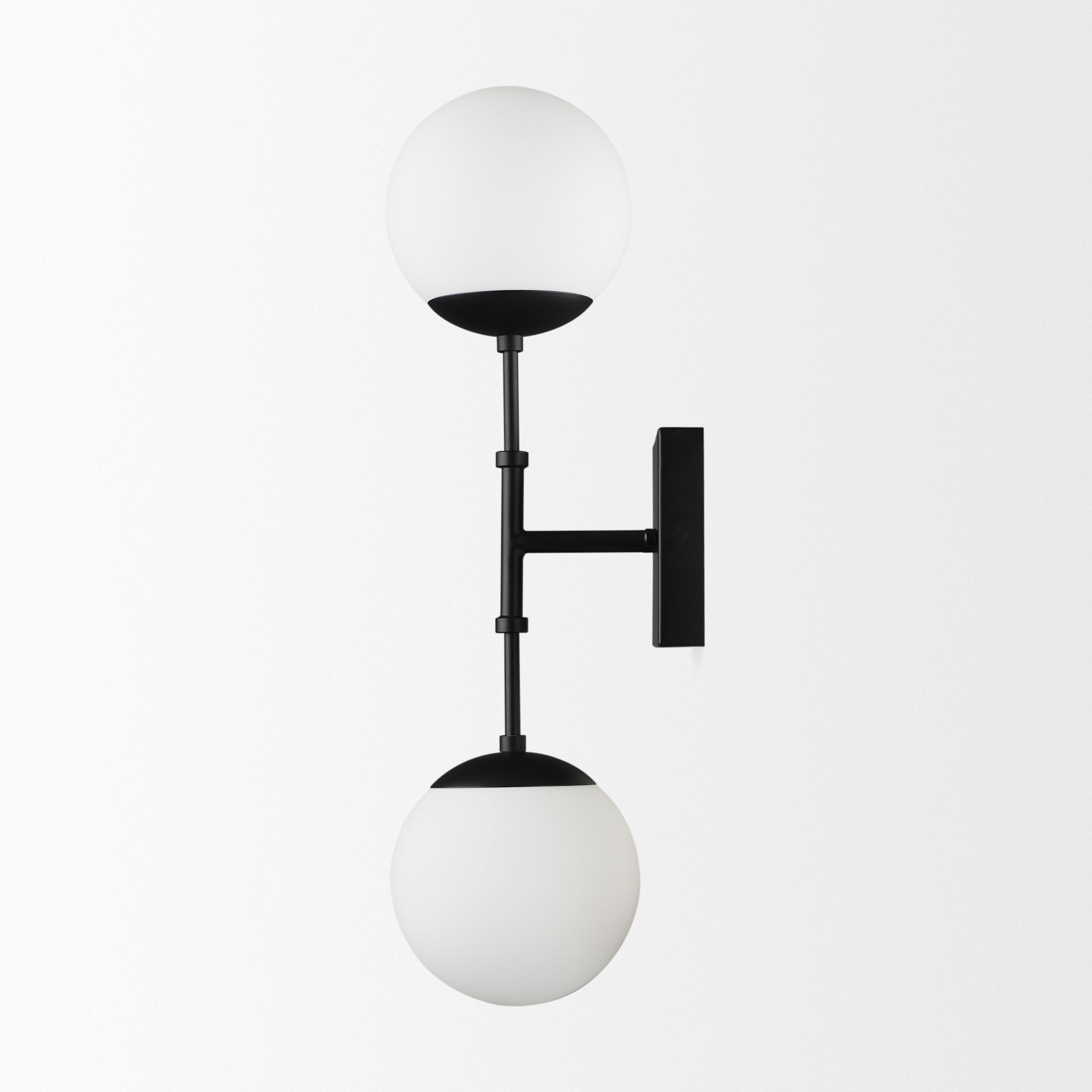 Edie Matte Black Metal with Frosted Glass Globes 2-Light Wall Sconce, by Mercana, 22" length x 7.5" width x 6" height View 4