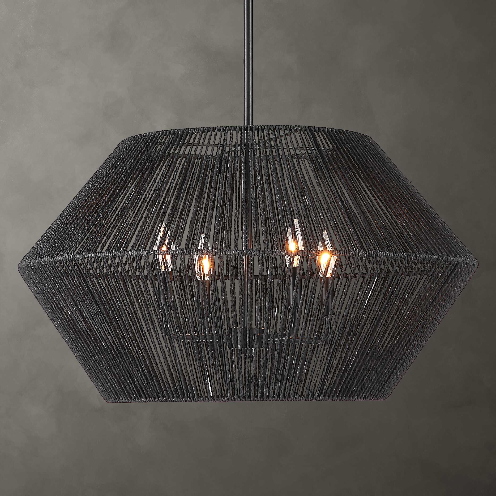 Suva 4 Light Black Rope Pendant, Ceiling Light by Uttermost, 28" width x 16.25" height x 28" diameter View 2