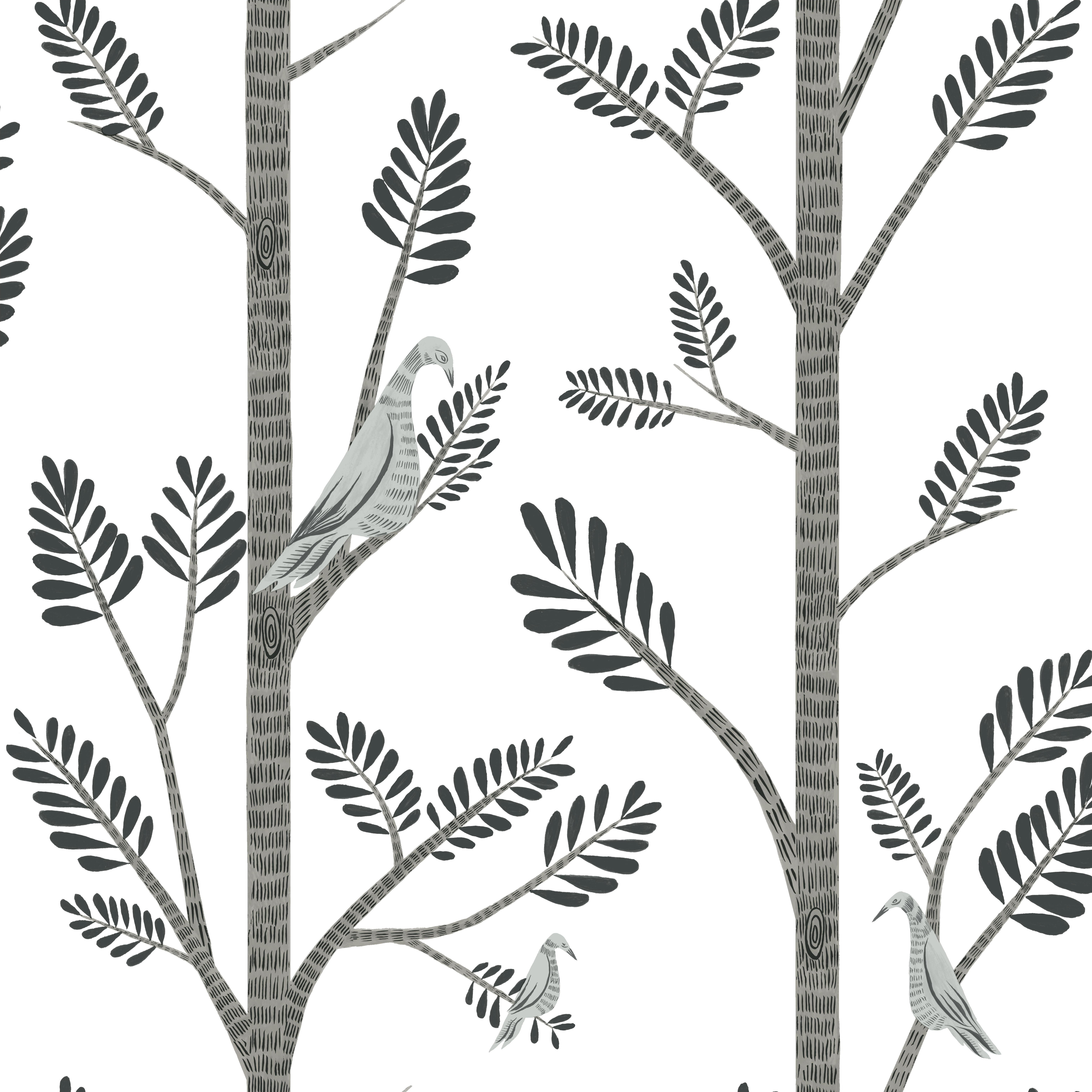 Aviary Branch Grey Peel & Stick Wallpaper large image 