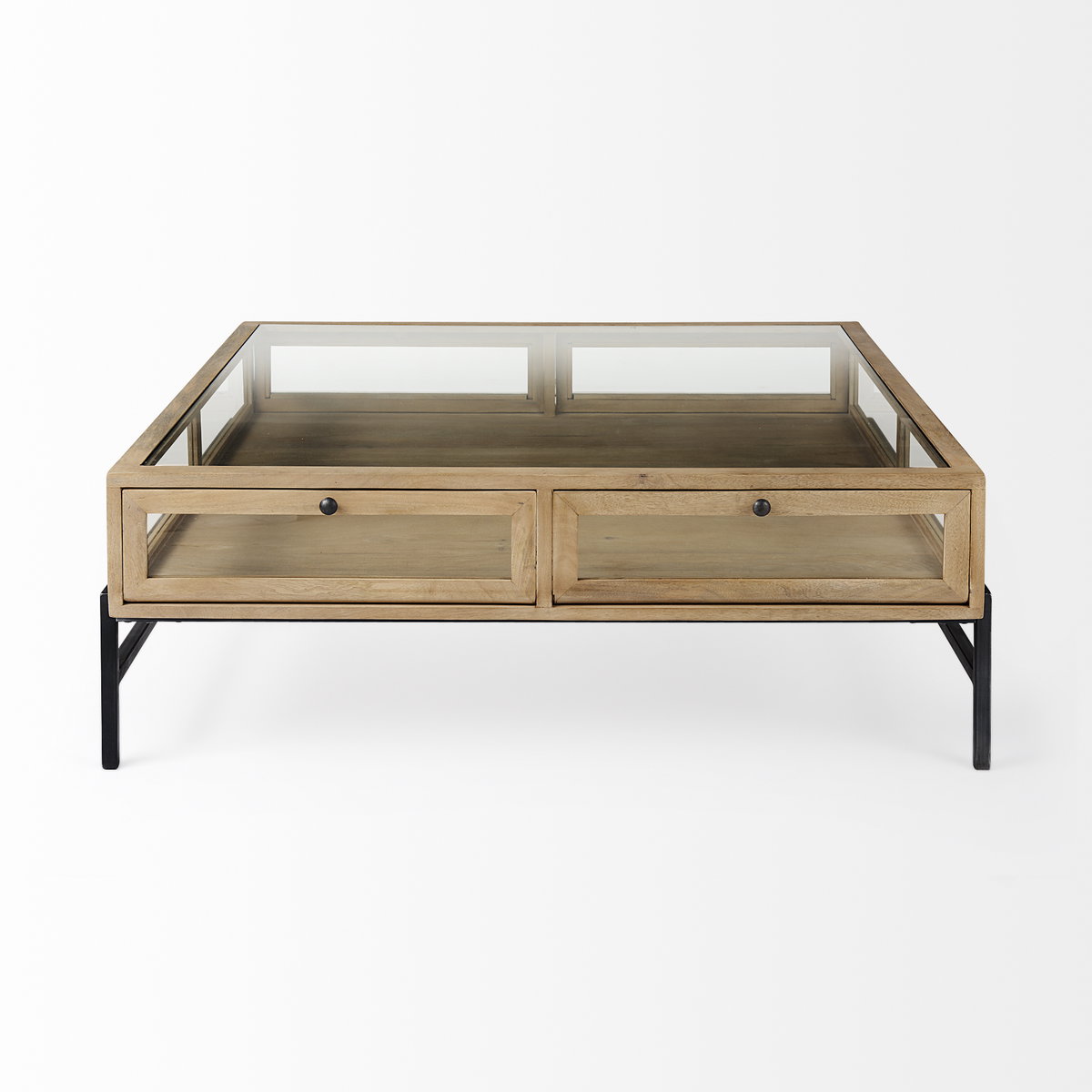 Arelius 42' Square Glass-Top Light Brown with Black Metal Base Display Coffee Table, by Mercana, 43.5" length x 42" width x 15" height View 6