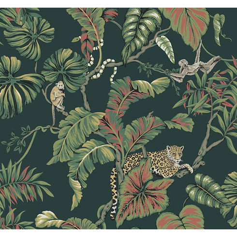 Jungle Cat Dark Green Wallpaper