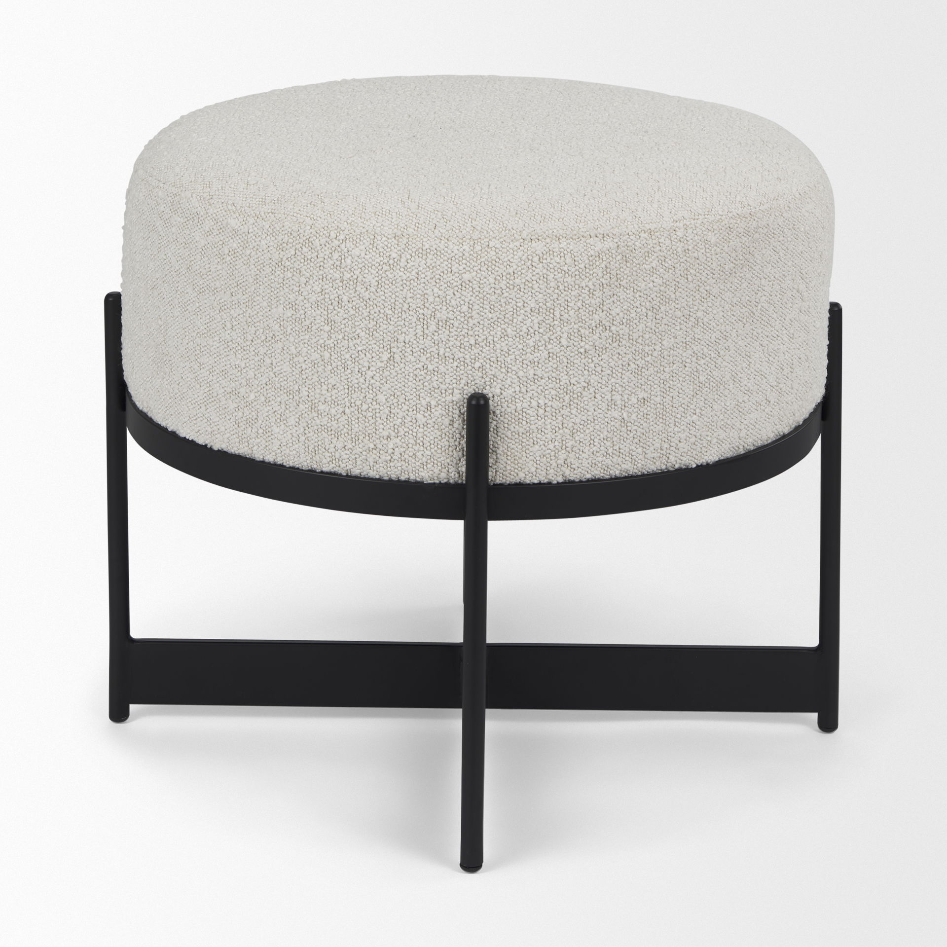 Amelia Cream Boucle with Black Metal Upholstered Pouf, Ottoman by Mercana, 21.26" length x 21.26" width x 19" height View 6