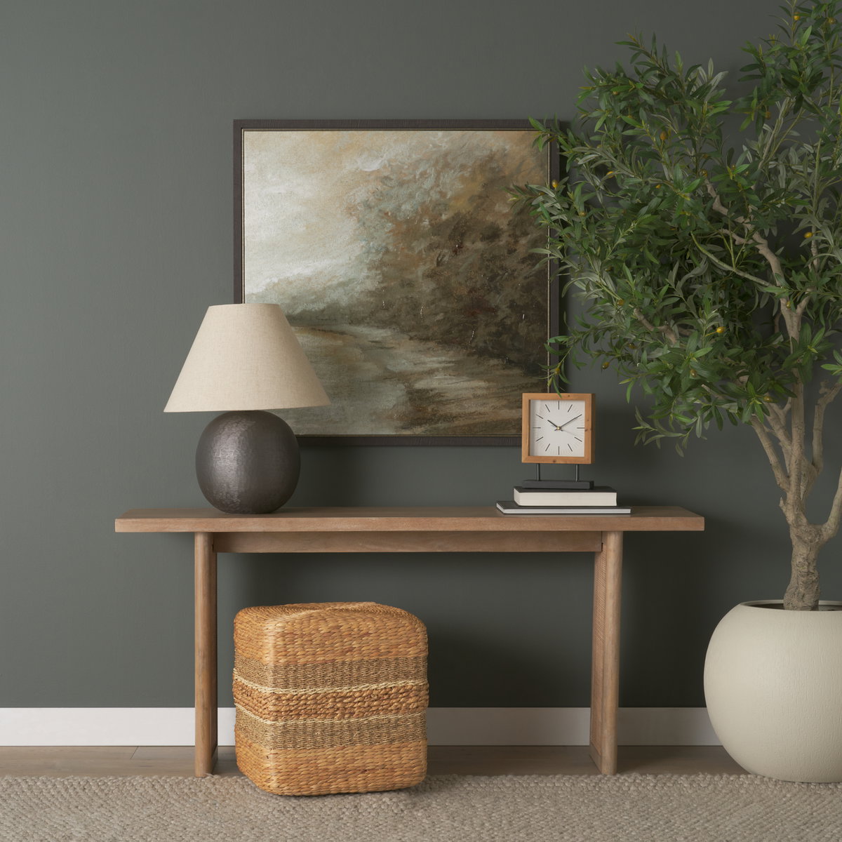 Maya  Light Brown with Medium Brown Stripes Seagrass Square Pouf, Ottoman by Mercana, 17.72" length x 17.72" width x 17.72" height View 2