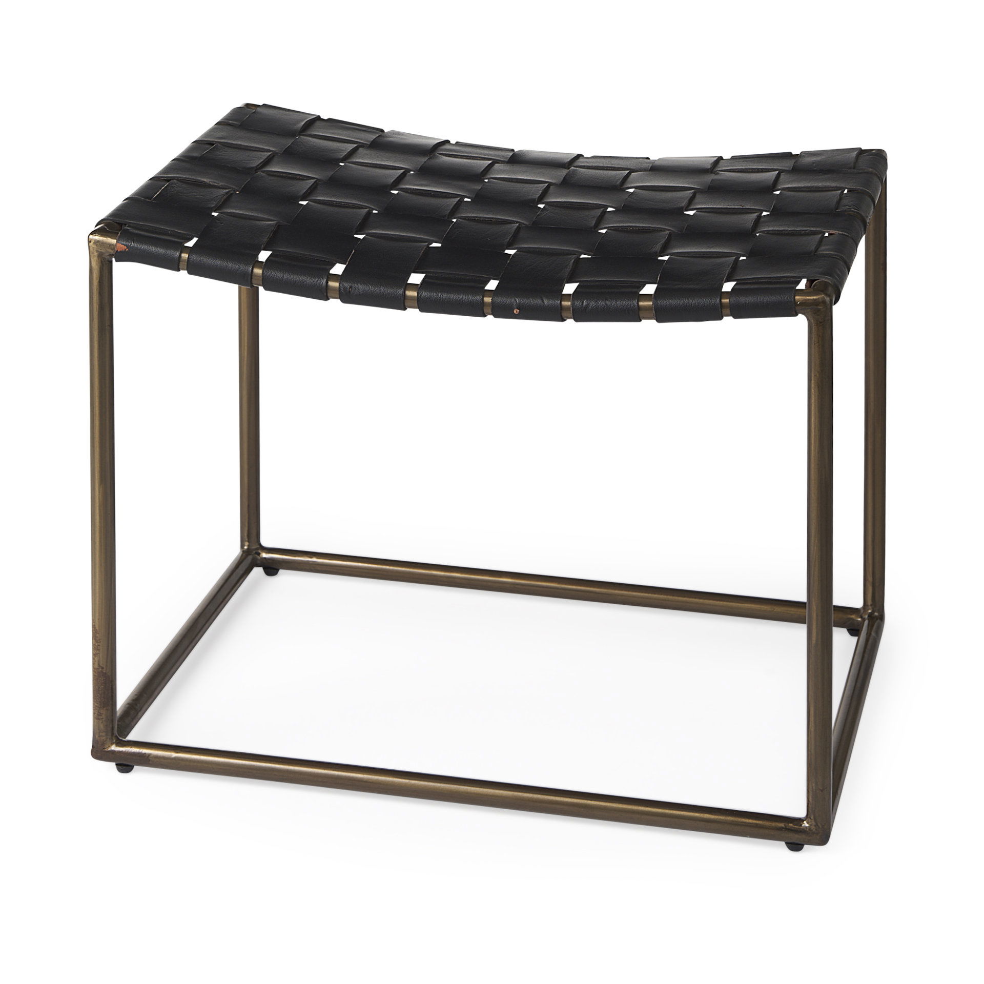 Clarissa 22.0L x 16.0W x 16.75H Black Leather Woven Seat with Gold Metal Frame Stool, Benche by Mercana, 22" length x 16" width x 16.5" height View 1
