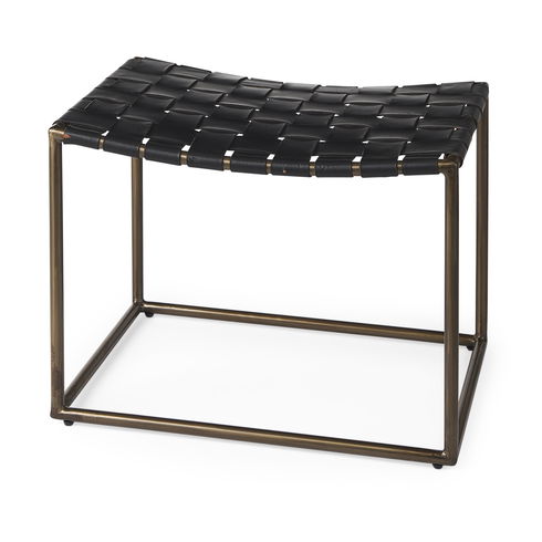 Clarissa 22.0L x 16.0W x 16.75H Black Leather Woven Seat with Gold Metal Frame Stool