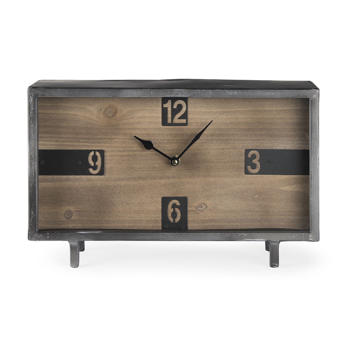 Harvey  Black Metal and Wood Rectangular Table Clock, by Mercana, 12.99" length x 4.53" width x 8.07" height View 6