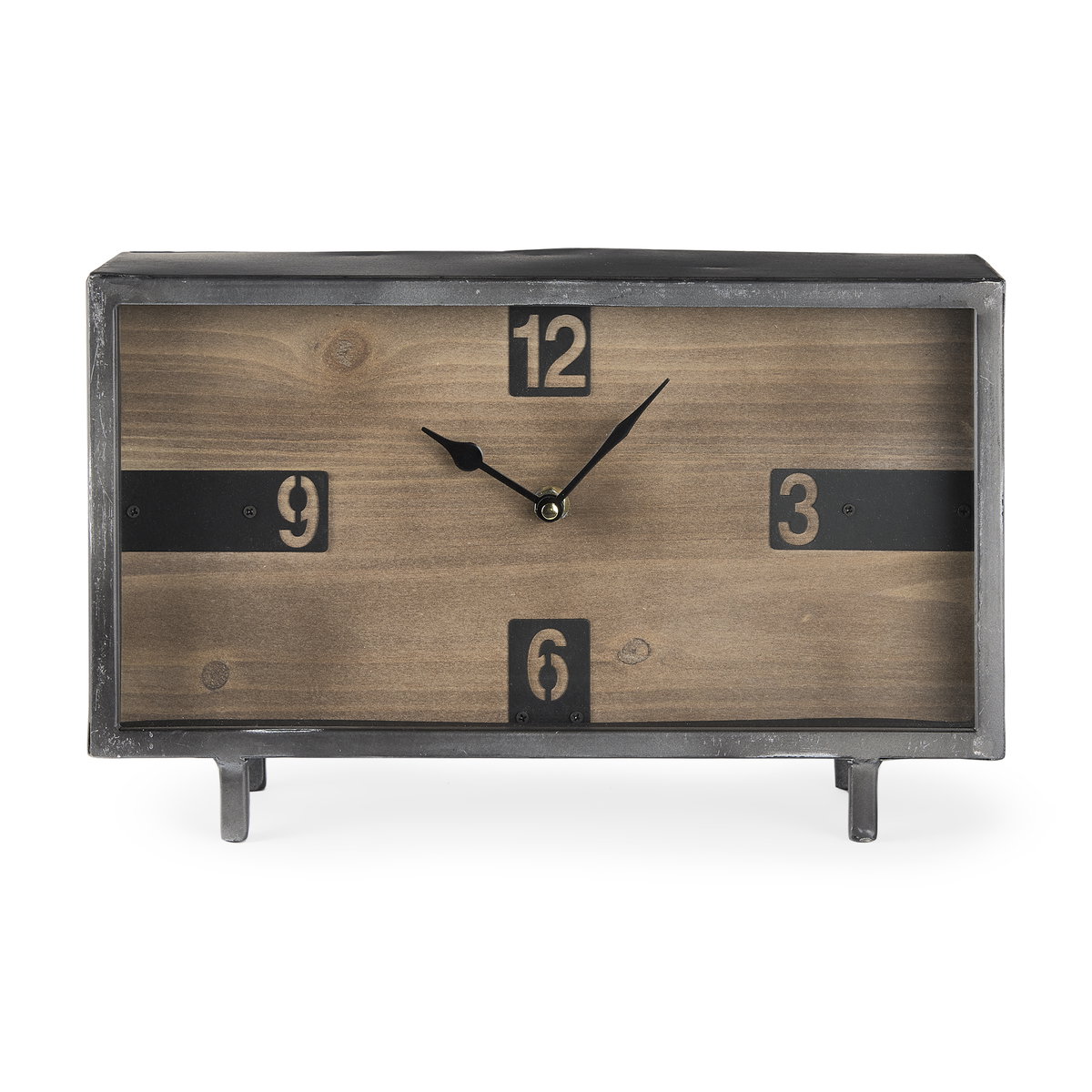 Harvey  Black Metal and Wood Rectangular Table Clock, by Mercana, 12.99" length x 4.53" width x 8.07" height View 6