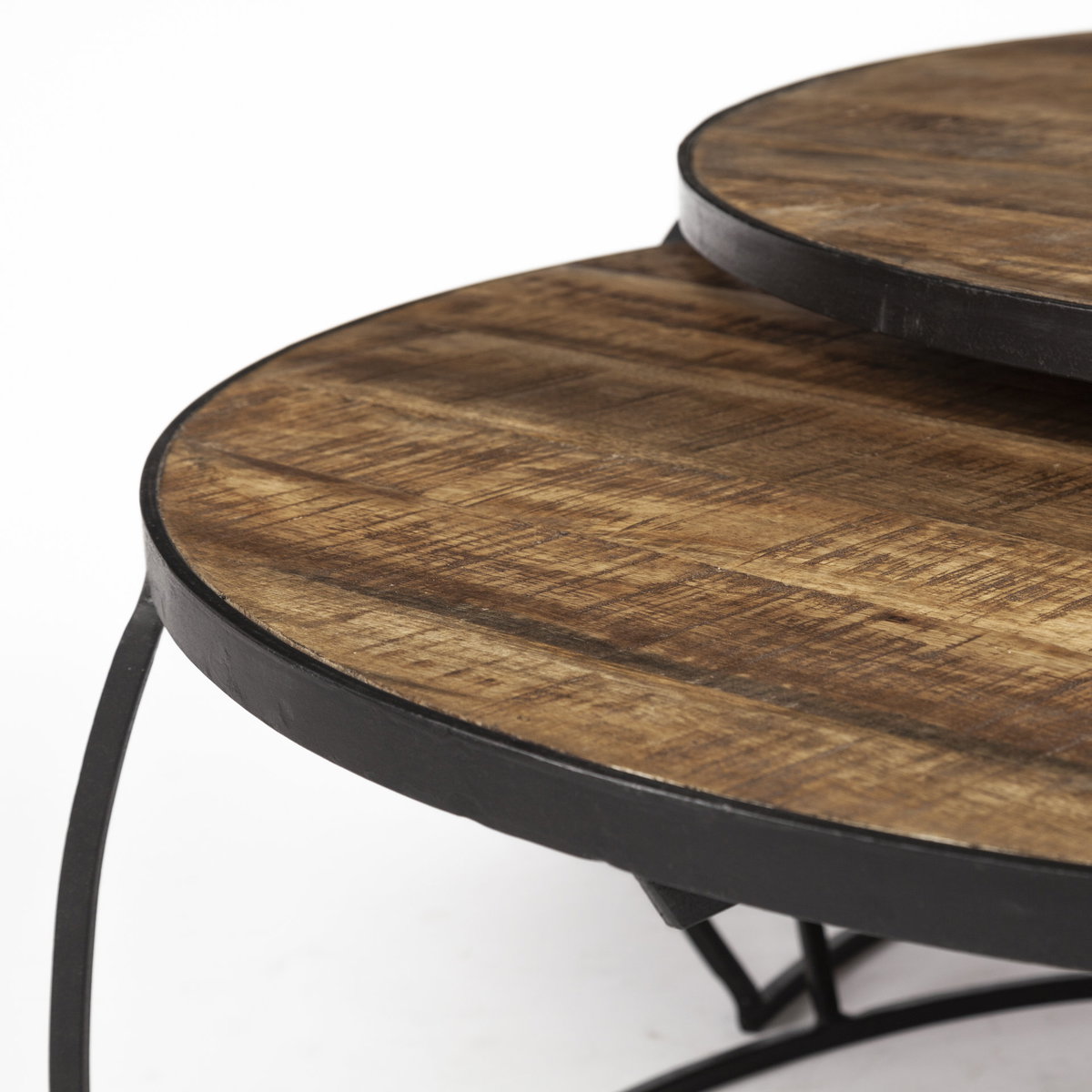 Clapp I Set of 2 (41' & 38') Round Brown Wood Top Black Iron Base Nesting Coffee Tables, by Mercana, 44" length x 44" width x 20" height View 10