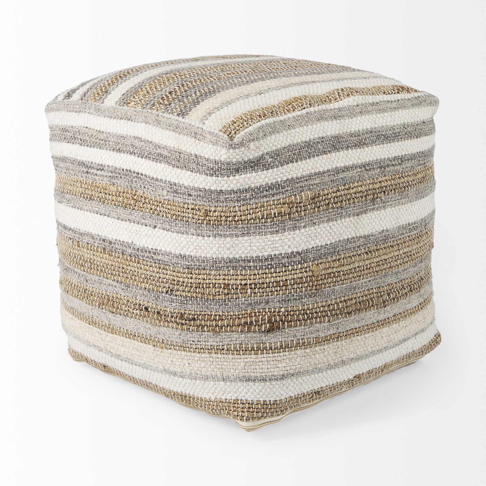 Aahana  White/Taupe/Gray Striped Hemp and Cotton Pouf large image 