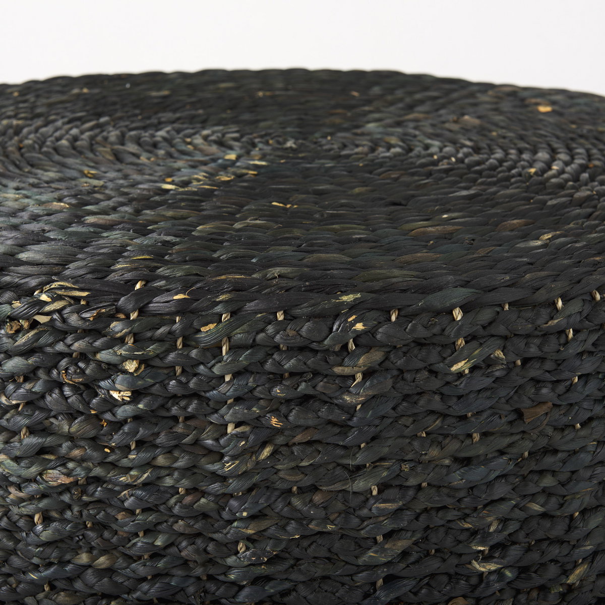 Dina 75L x 75W x 45H Black Cornhusk and Water Hyacinth Round Coffee Table Pouf, Ottoman by Mercana, 29.53" length x 29.53" width x 15.75" height View 6