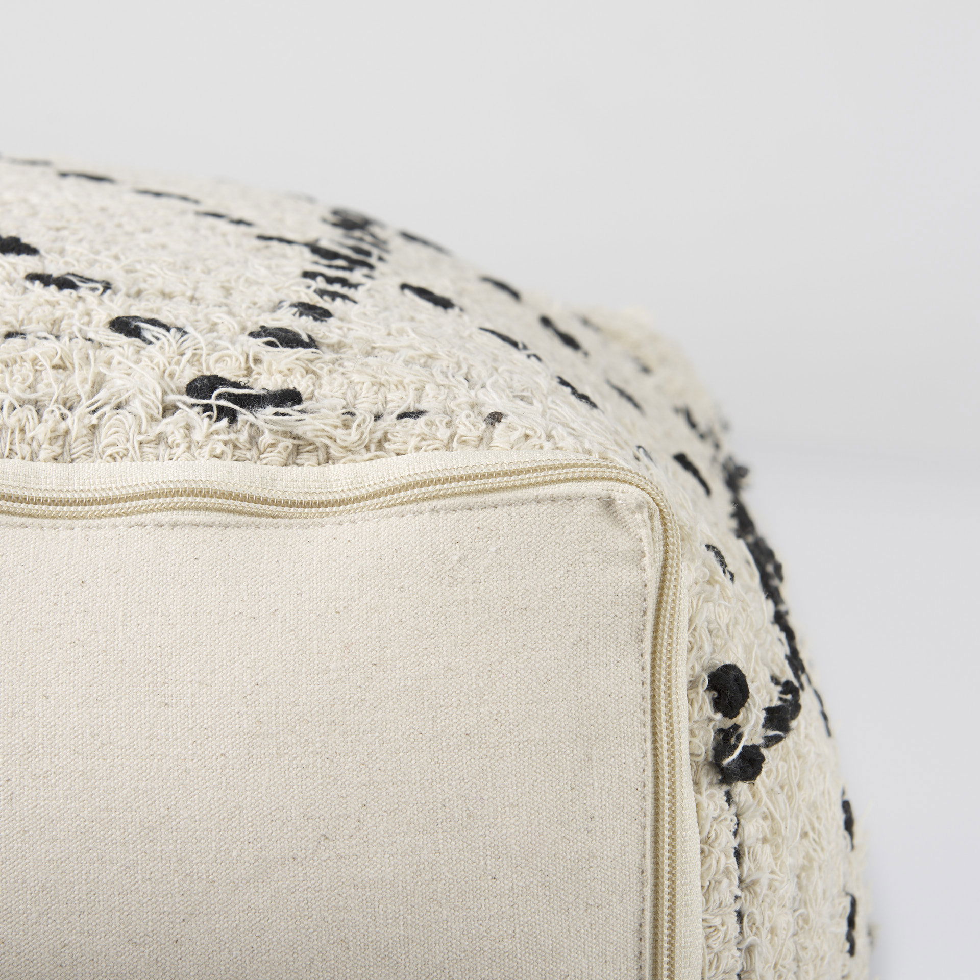 Aarohi  Cream/Black Cotton Patterned Pouf, Ottoman by Mercana, 16" length x 16" width x 16" height View 12