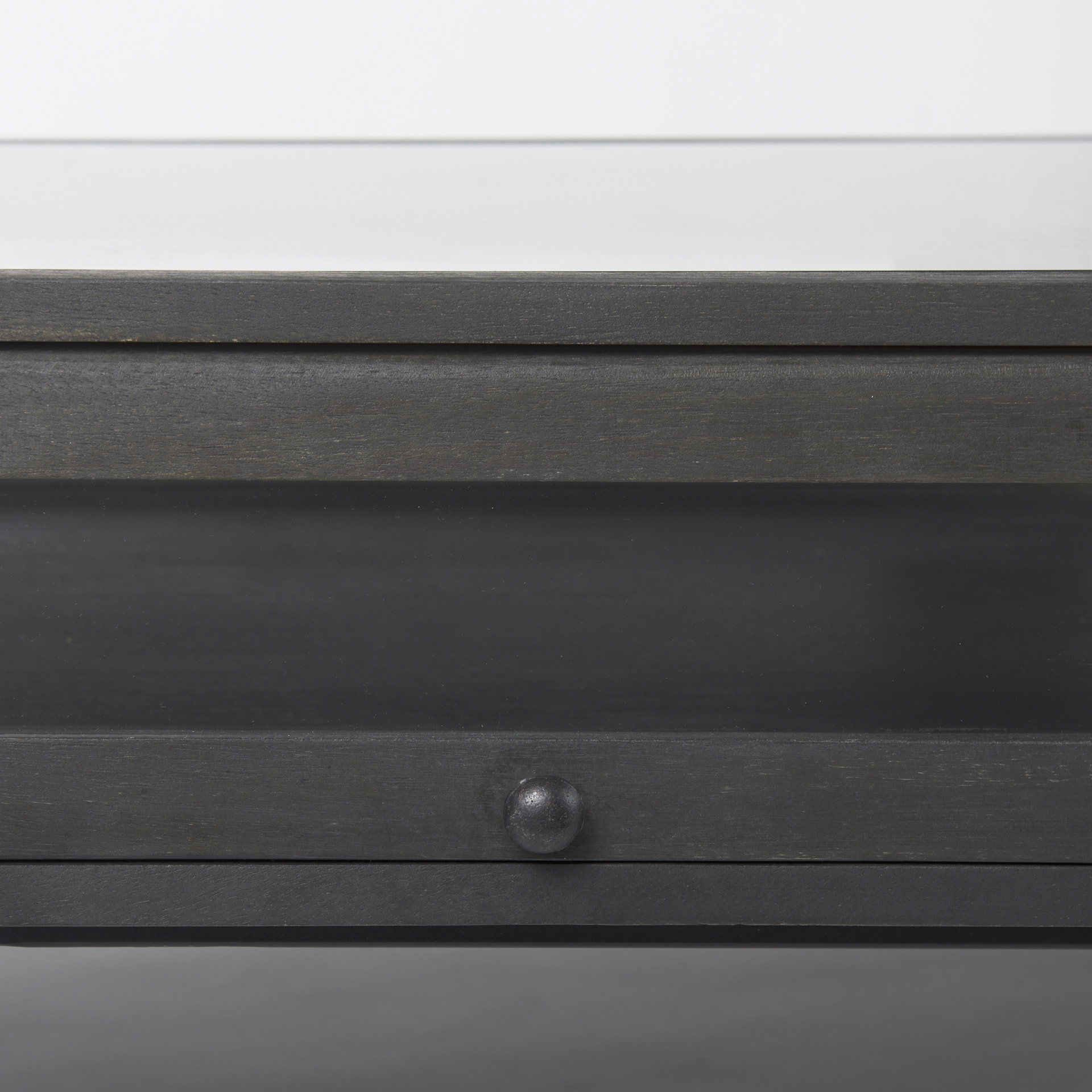 Arelius 42'L Rectangular Glass-Top Black-Brown Wood with Black Metal Base Display Coffee Table, by Mercana, 49.5" length x 28" width x 15" height View 6