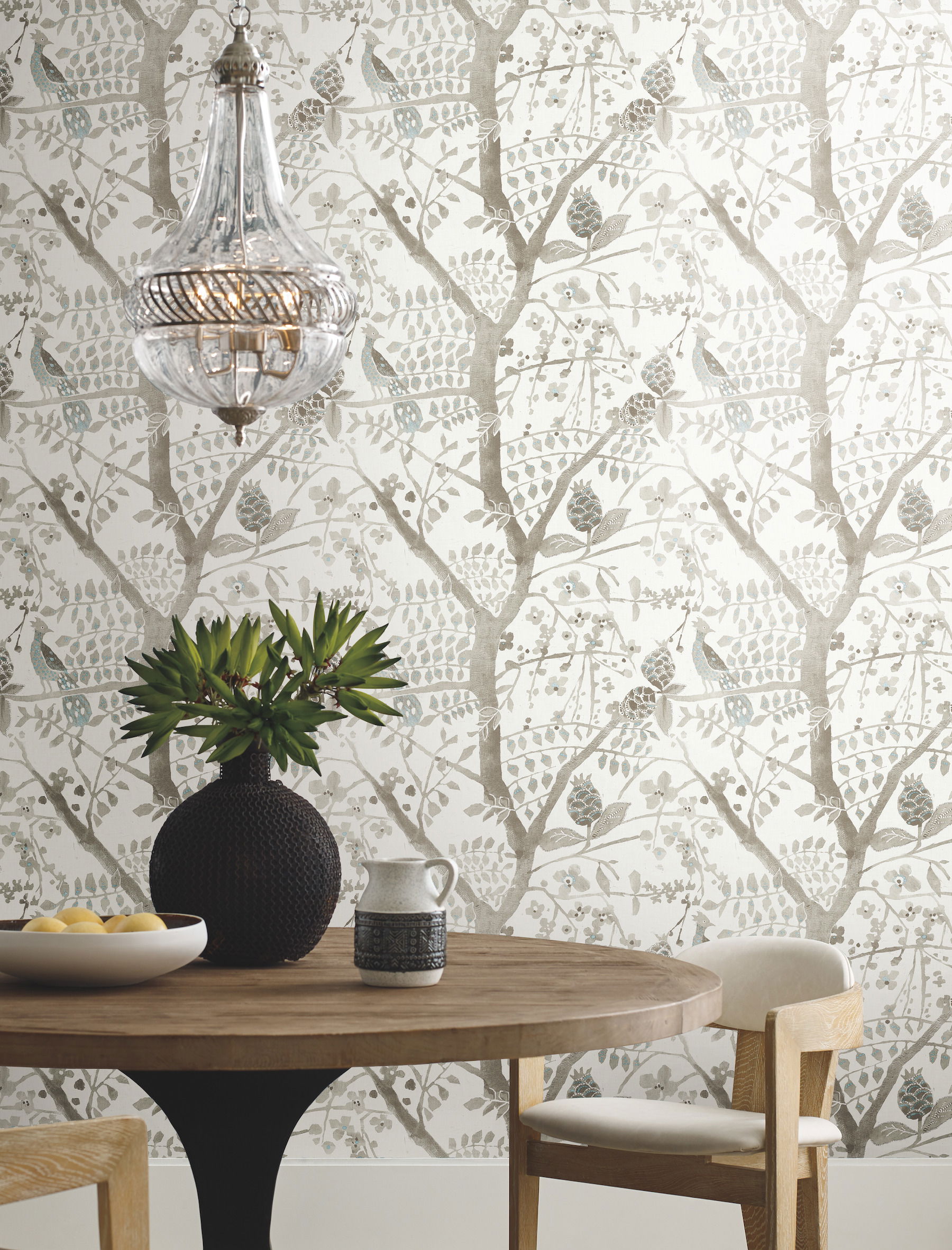 Peacock Block Print Off White Wallpaper large image 