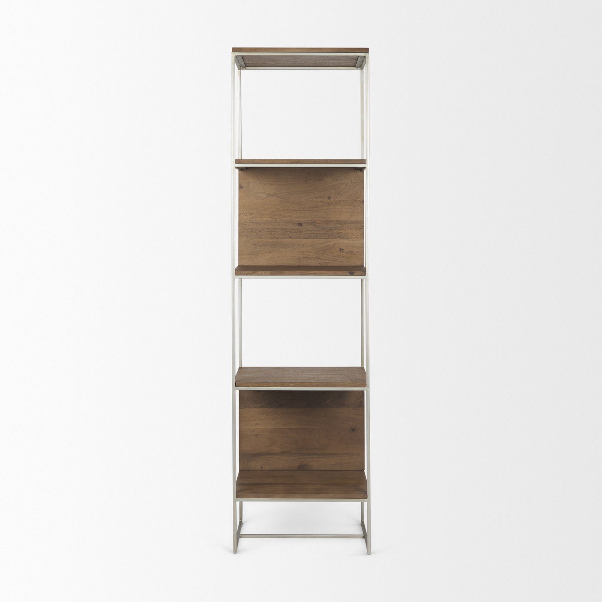Morris II 19.75 x 15 x 72.5 Brown Wood and Silver Metal Frame 4 Shelf Shelving Unit, Shelving & Bookcase by Mercana, 19.75" length x 15" width x 72.5" height View 4