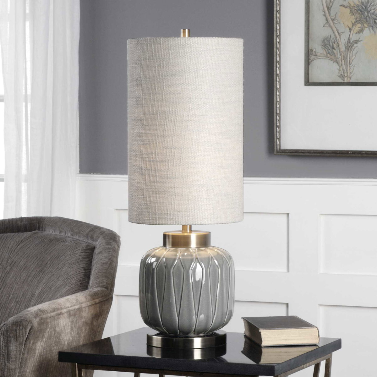 Zahlia Aged Gray Ceramic Lamp, Table Lamp by Uttermost, 11" width x 31" height x 11" depth View 4