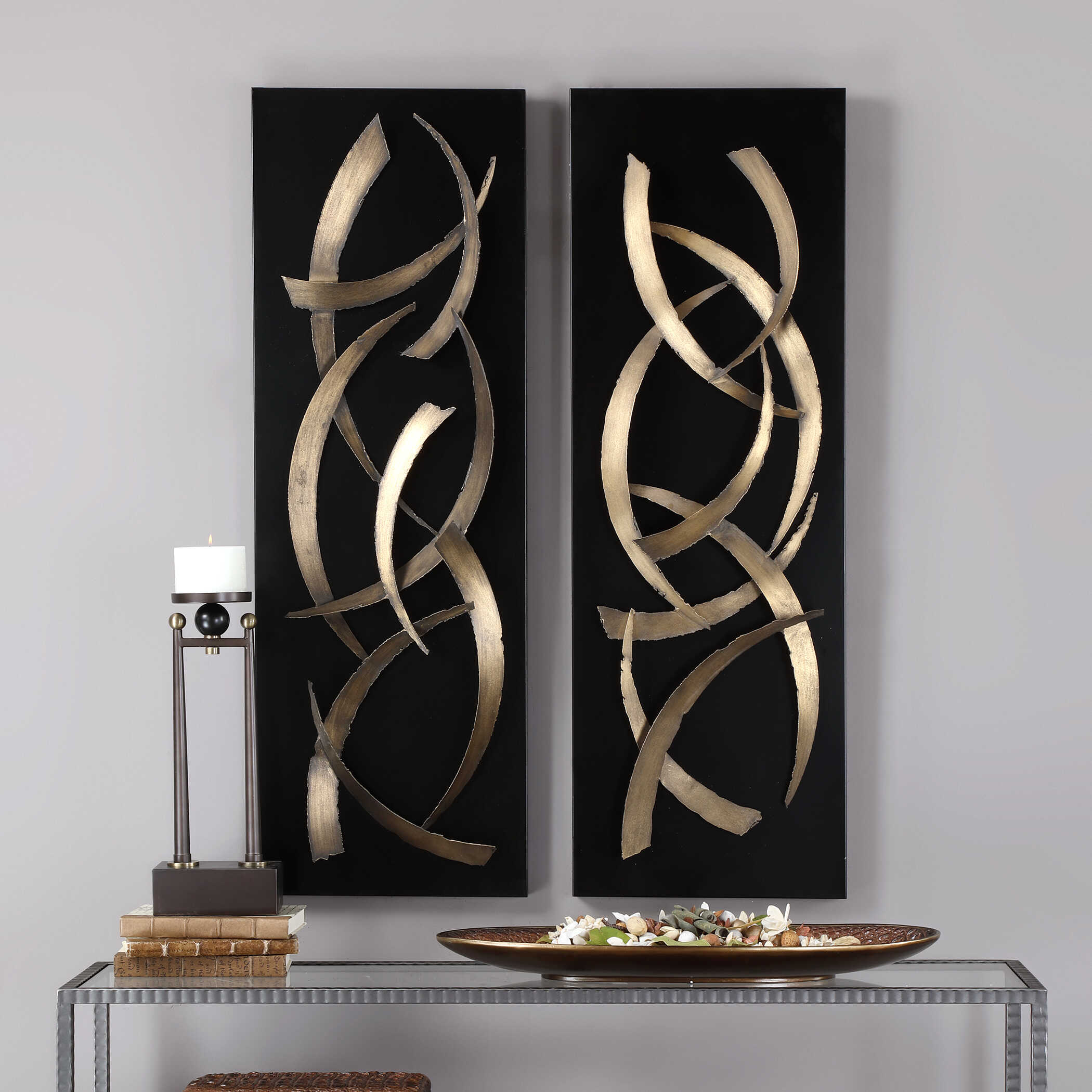 Brushstrokes Metal Wall Art Set/2, Sculptural Wall Art by Uttermost, 15.75" width x 46.75" height x 4" depth View 2