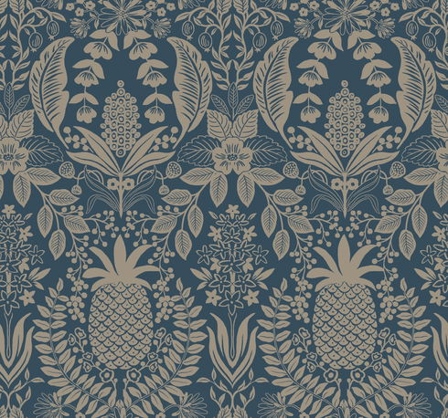 Pineapple Damask Navy Wallpaper