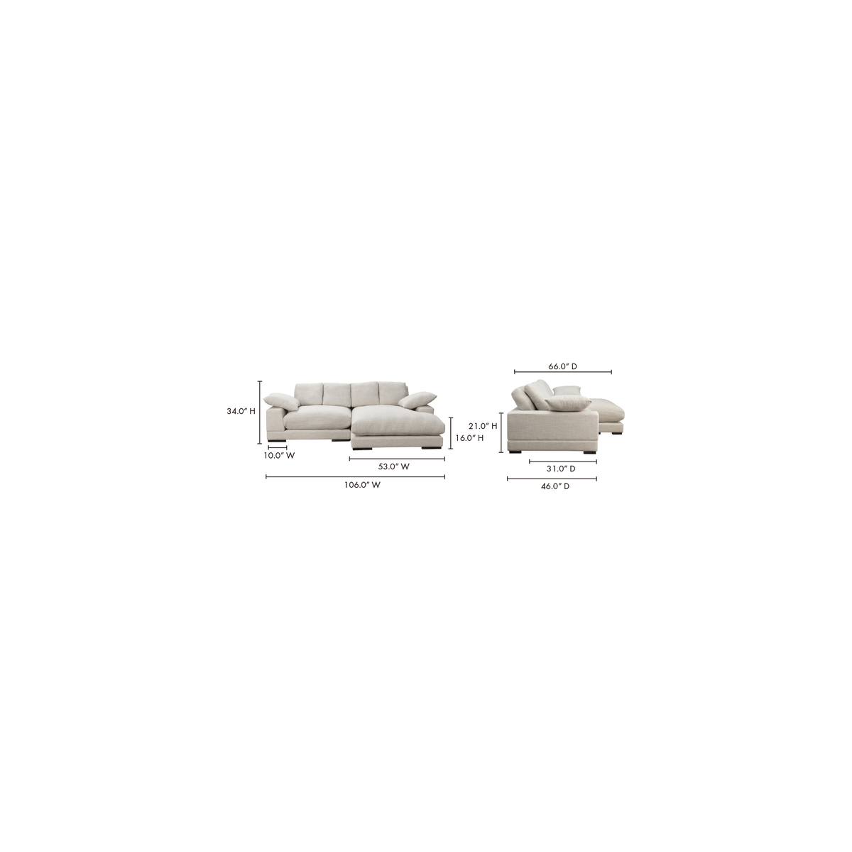 Plunge Sectional Sahara, Sectional Sofa by Moe's Home, 106" width x 34" height x 46" depth View 9