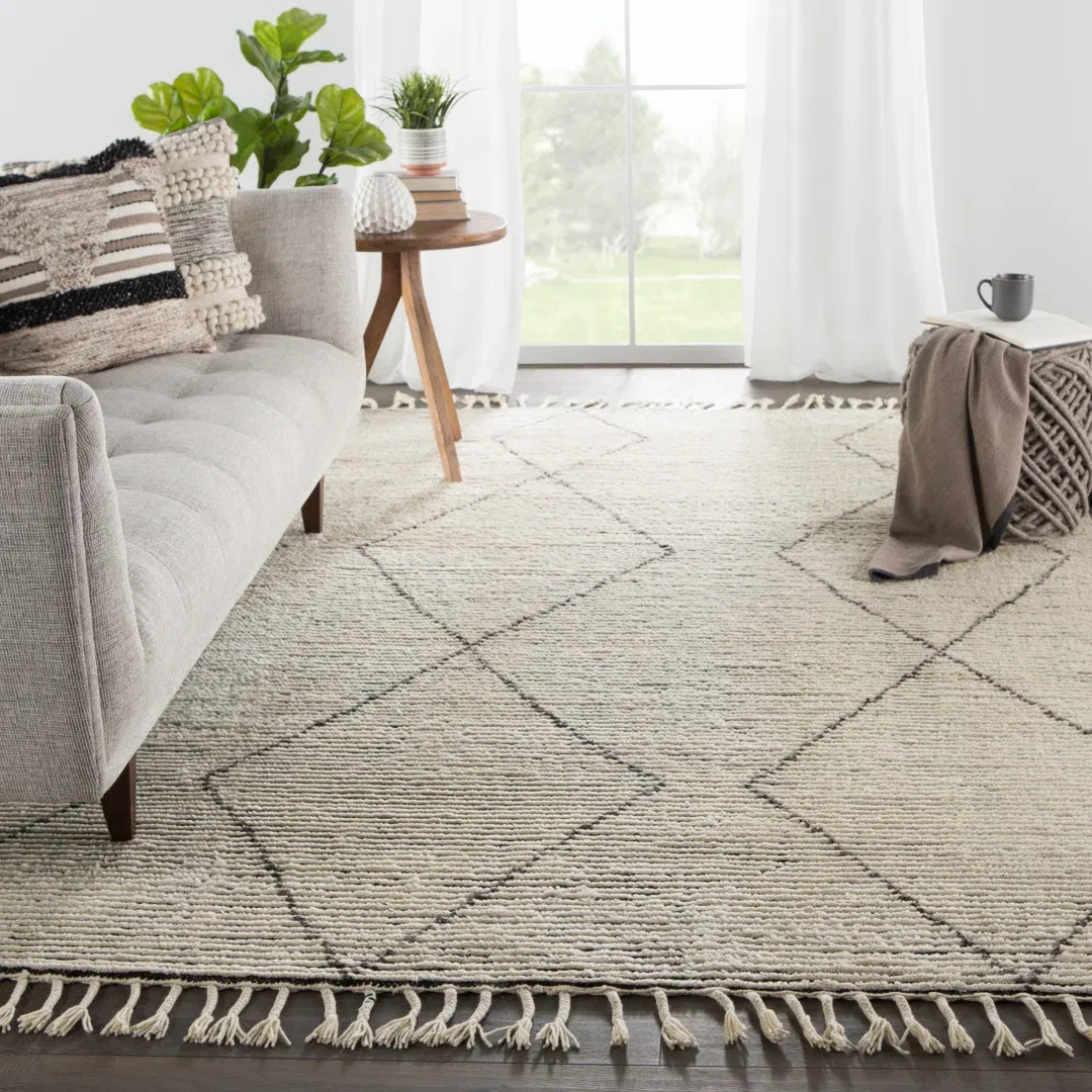 Ammil Hand-Knotted Trellis Cream/ Black Area Rug large image 