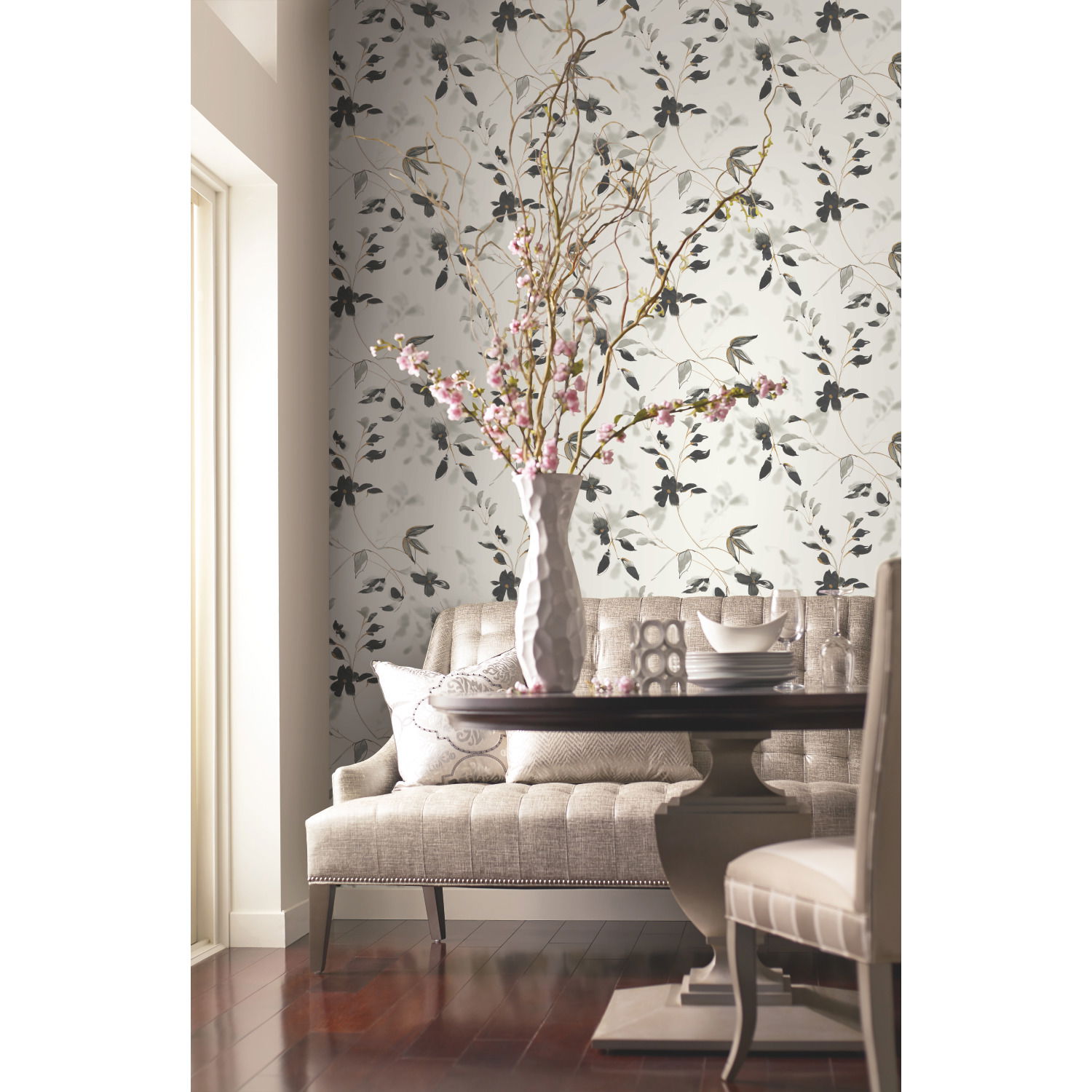 Linden Flower Black Wallpaper, by York Wall, 33' length x 1'8.5" width x 0.02" depth View 3