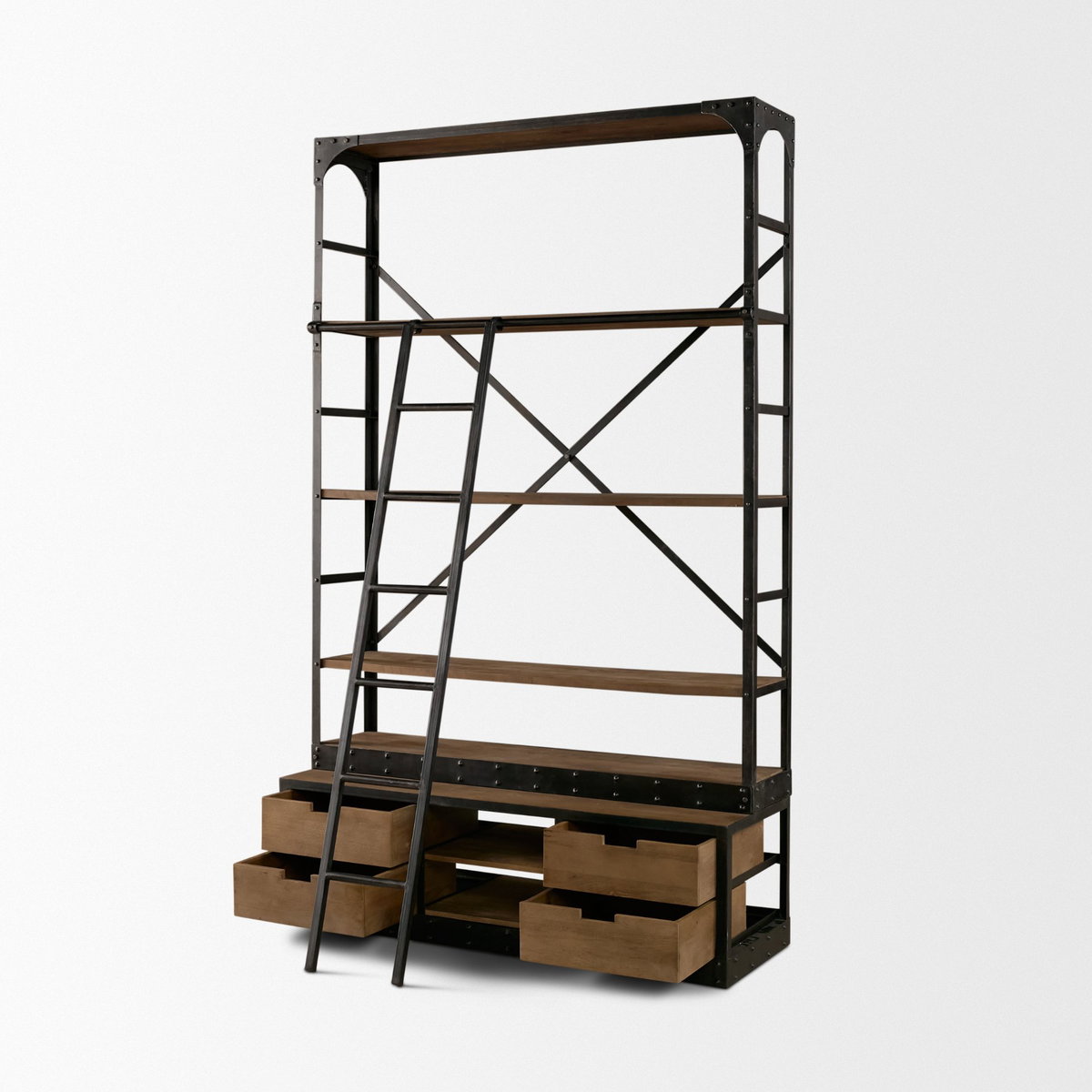 Brodie VIII 57L x 20.5W x 94H Brown Wood Gun-Metal Ladder Four Shelf Shelving Unit, Shelving & Bookcase by Mercana, 57" length x 20.5" width x 94" height View 12