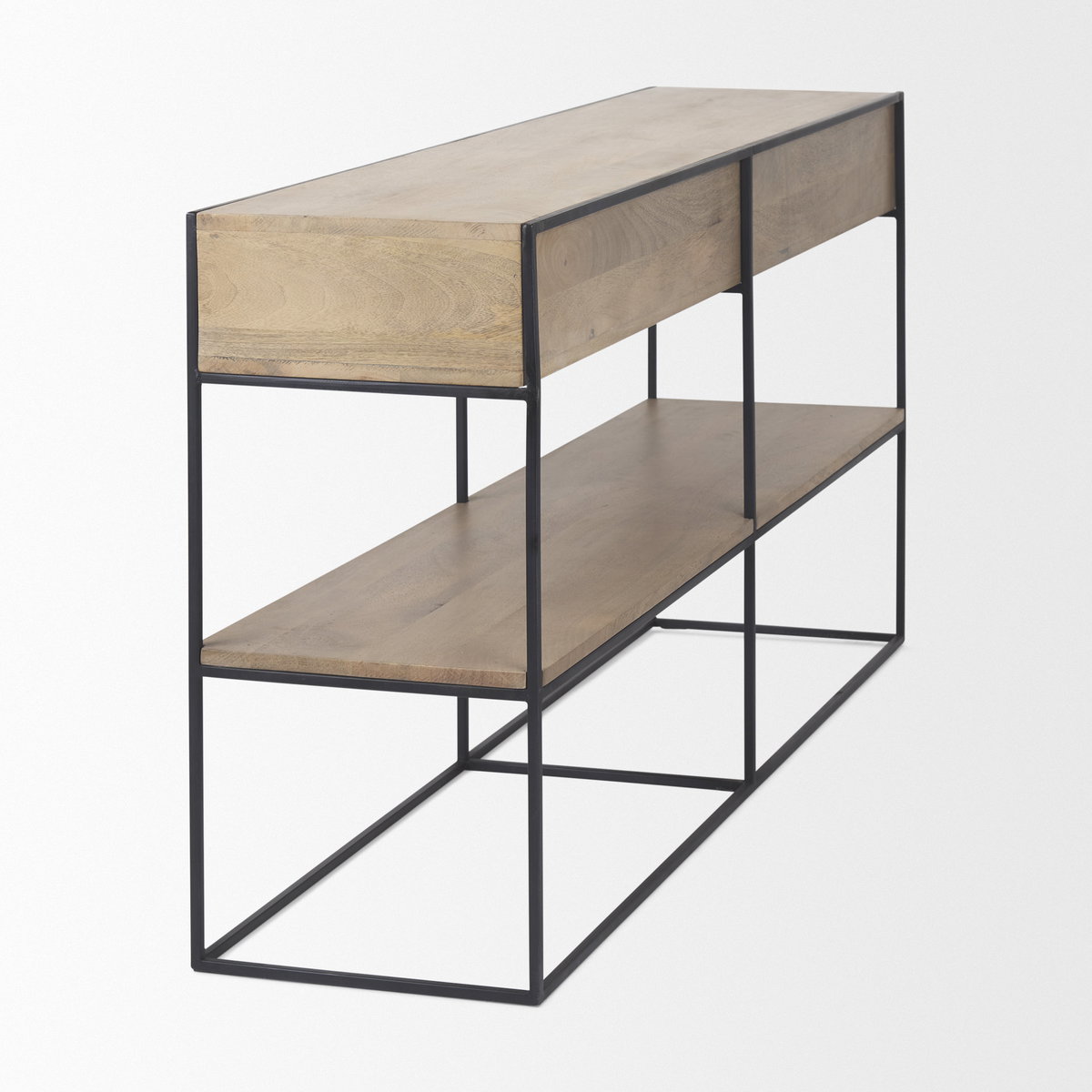 Morris  Beige Wood with Black Metal Frame 2 Drawer Console Table, by Mercana, 63" length x 15" width x 31" height View 6