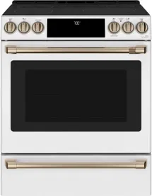 Online Designer Kitchen Cafe Electric Slide-in Range-White-Brushed Brass