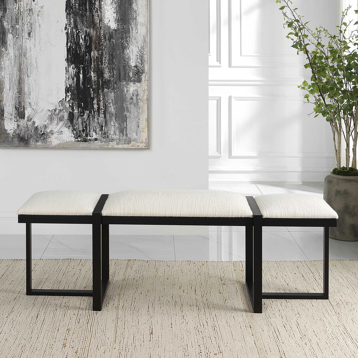 Triple Cloud Modern Upholstered Bench, Benche by Uttermost, 60.75" width x 22" height x 16" depth View 4