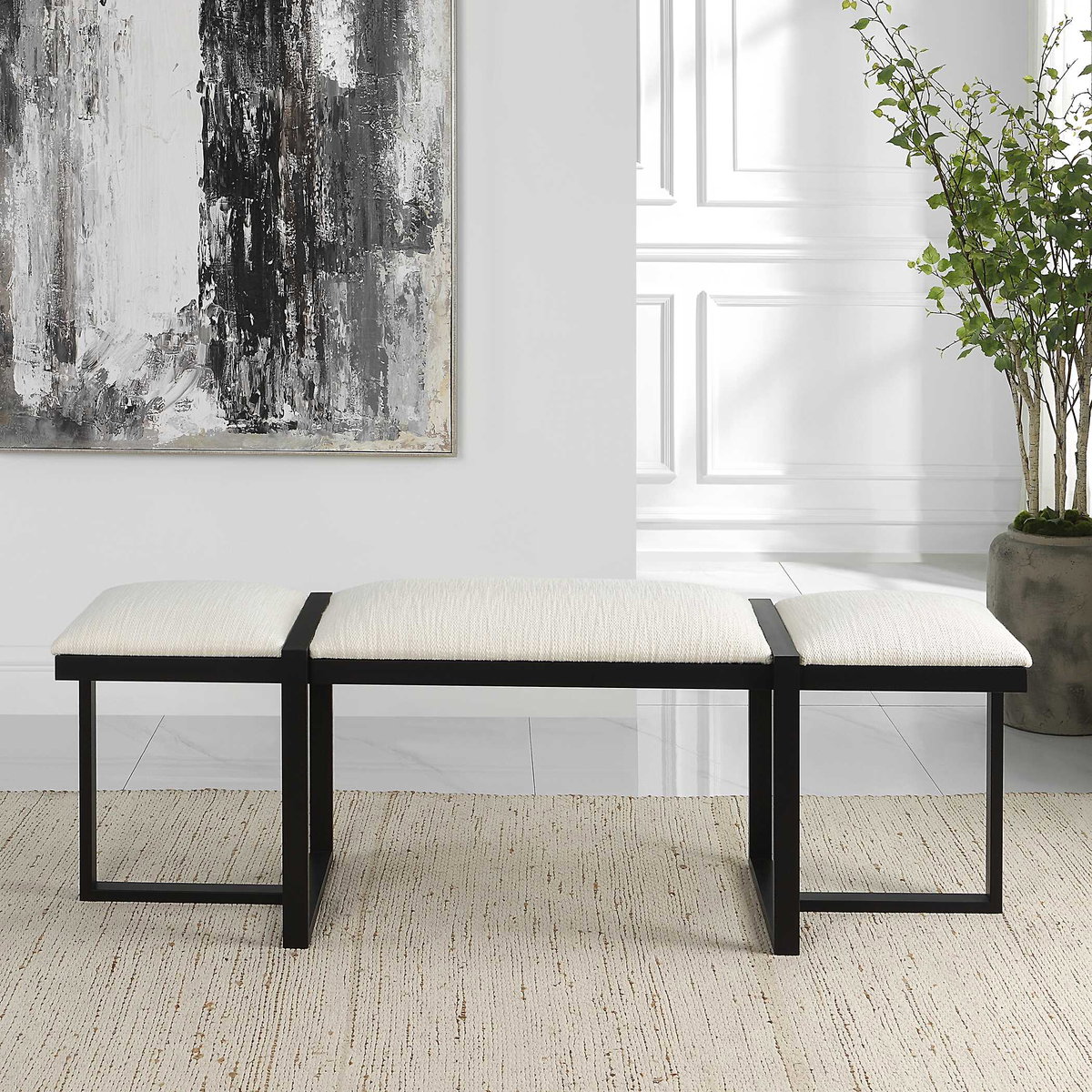 Triple Cloud Modern Upholstered Bench, Benche by Uttermost, 60.75" width x 22" height x 16" depth View 4