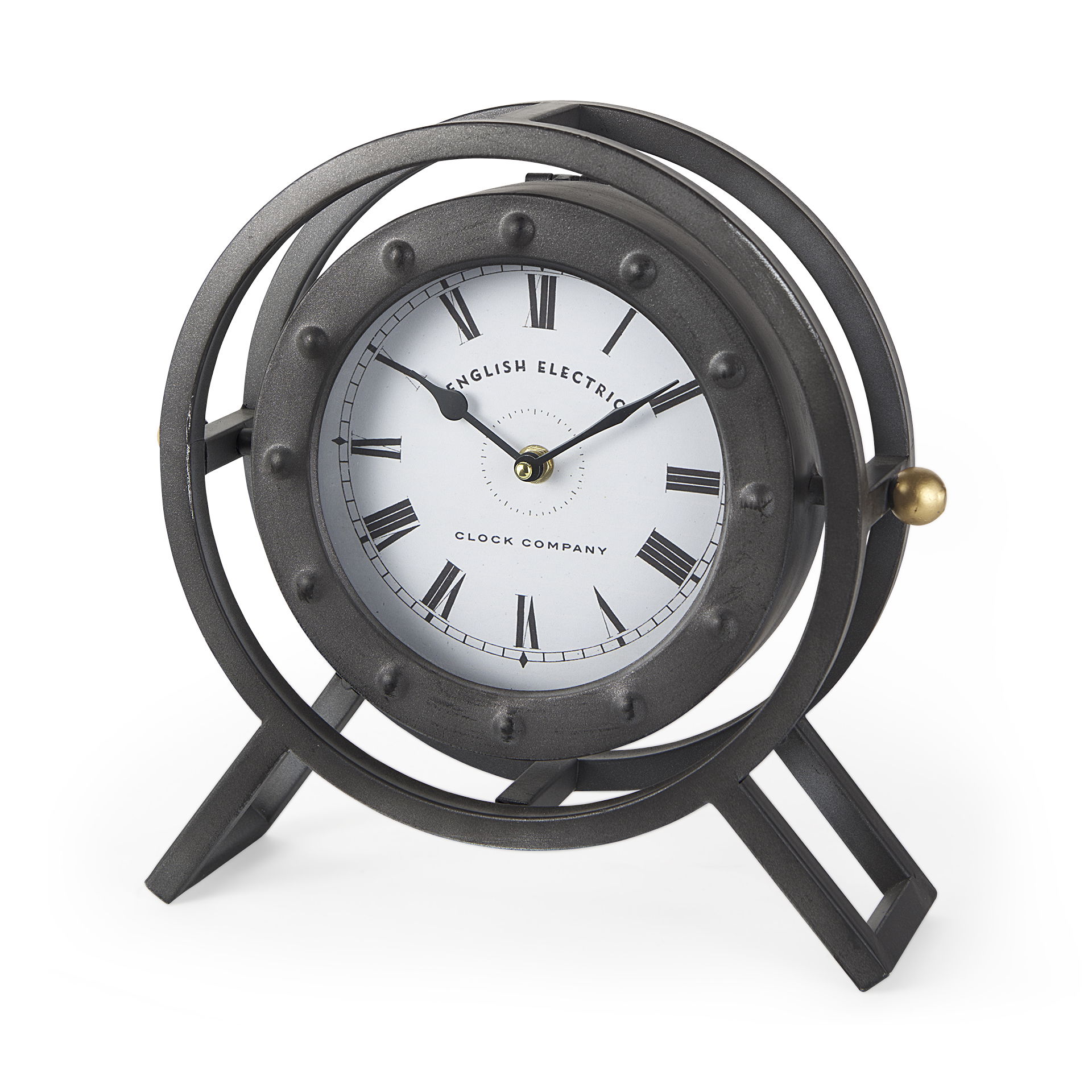 Gaston Gray Metal Circular Table Clock, by Mercana, 11.81" length x 3.15" width x 11.42" height View 1