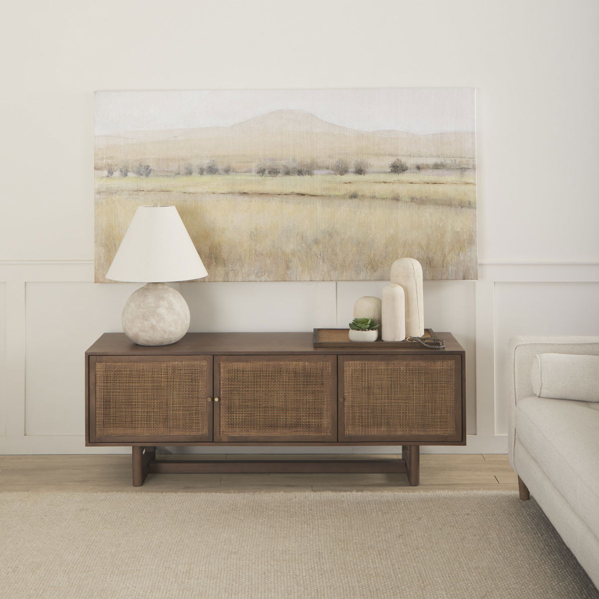 Grier 65' Medium Brown Wood with Cane Media Console, by Mercana, 65" length x 18.75" width x 23" height View 4