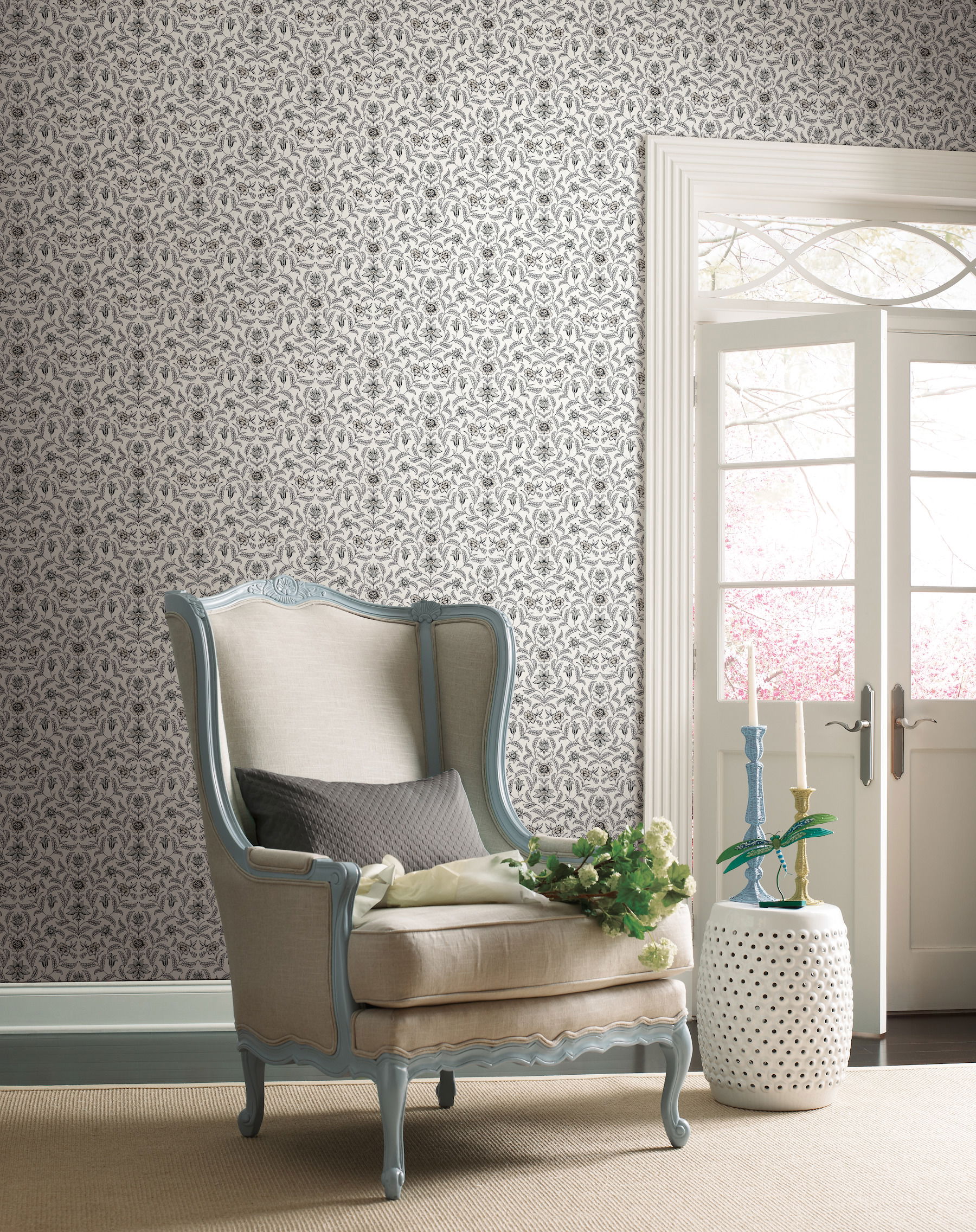 Vintage Blooms Grey Wallpaper large image 