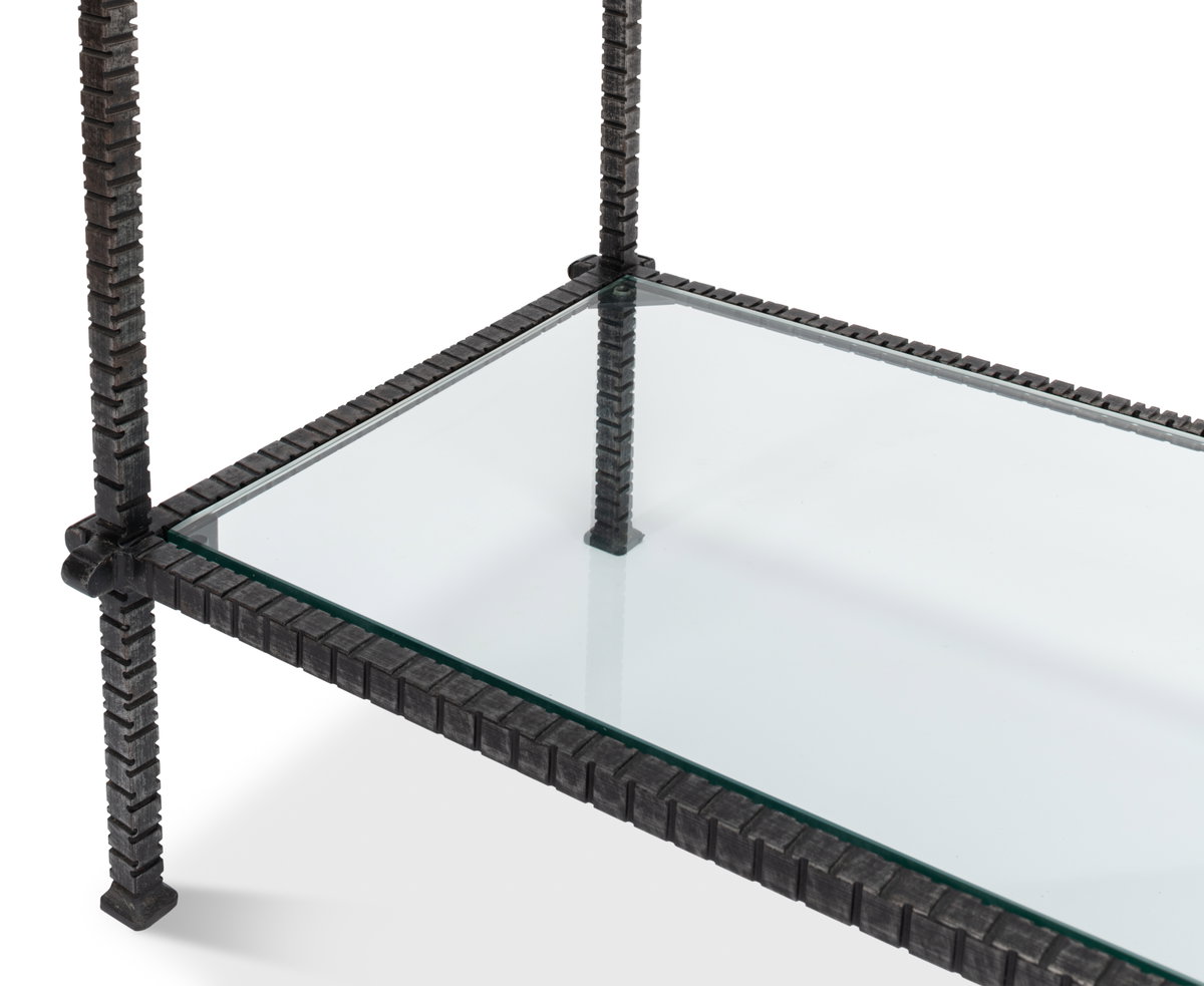 Hand Chased Iron Console Tble  Glass Top, by Sarreid, 1'4" length x 5' width x 2'9" height View 5