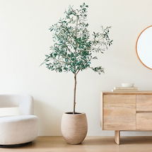 Online Designer Living Room Faux Potted Olive Tree & Curved Round Textured Stone Medium Floor Planter