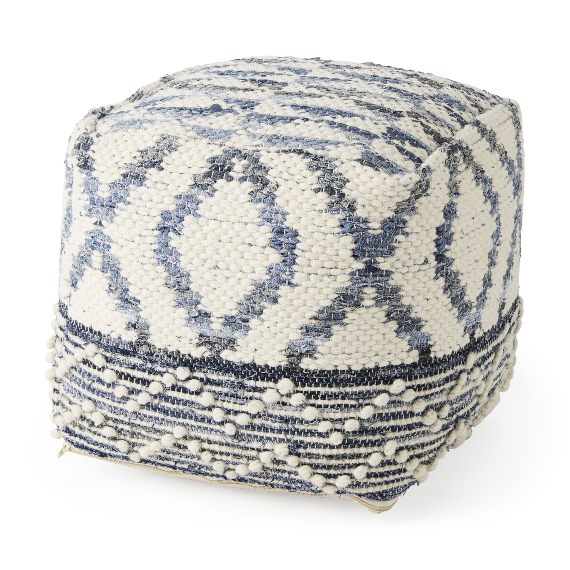 Eshana  Cream Wool and Denim Patterned Pouf, Ottoman by Mercana, 16" length x 16" width x 16" height View 1
