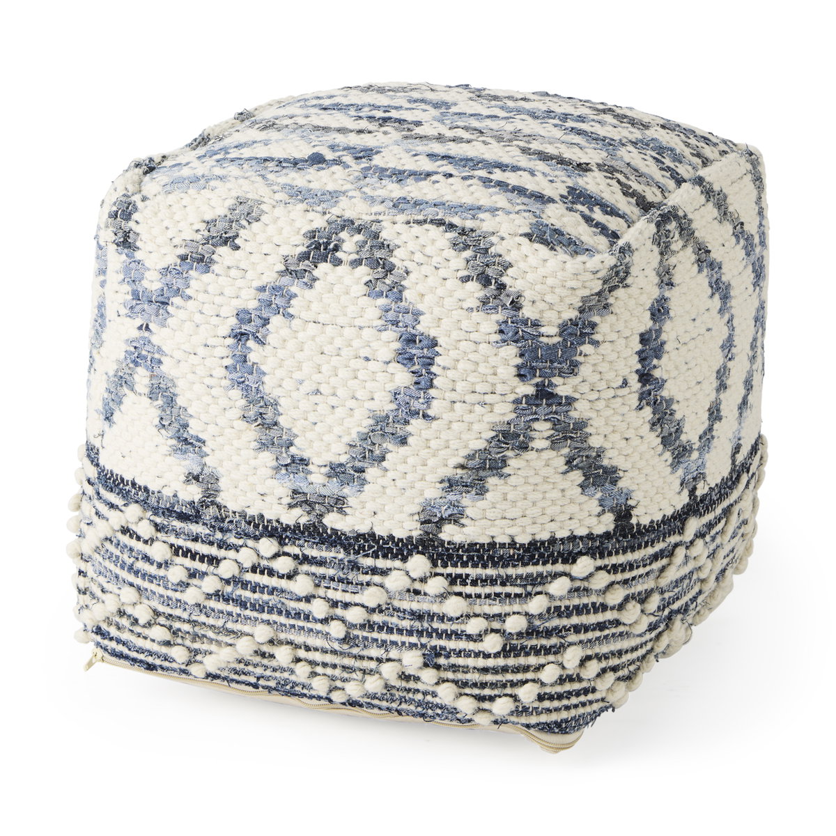 Eshana  Cream Wool and Denim Patterned Pouf, Ottoman by Mercana, 16" length x 16" width x 16" height View 1