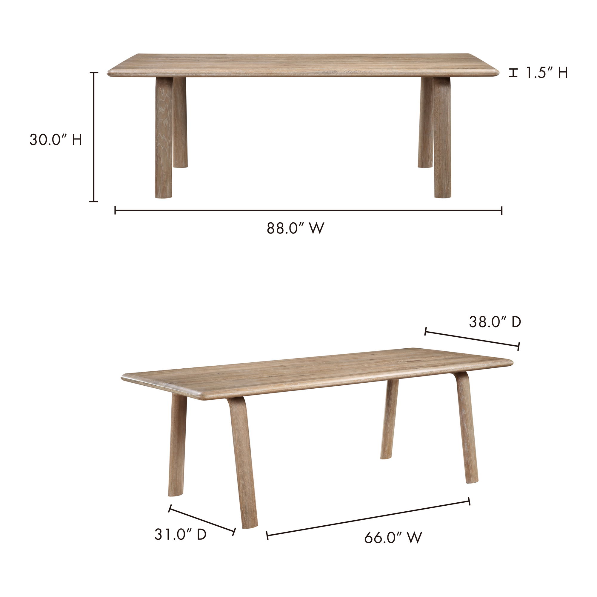 Malibu Dining Table White Oak, by Moe's Home, 88" width x 30" height x 38" depth View 9