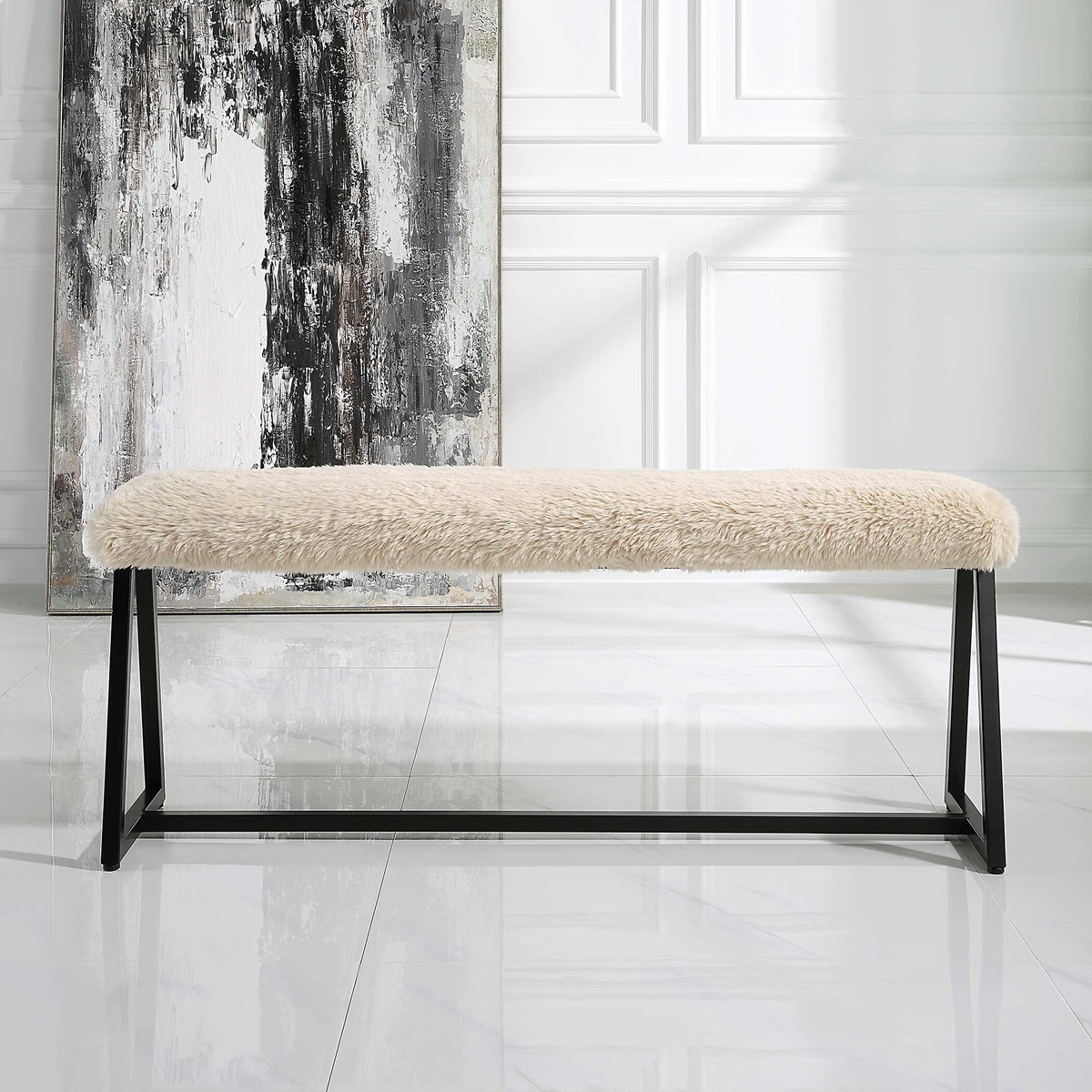 Taupo Sheepskin Bench, Benche by Uttermost, 49" width x 21" height x 12" depth View 4