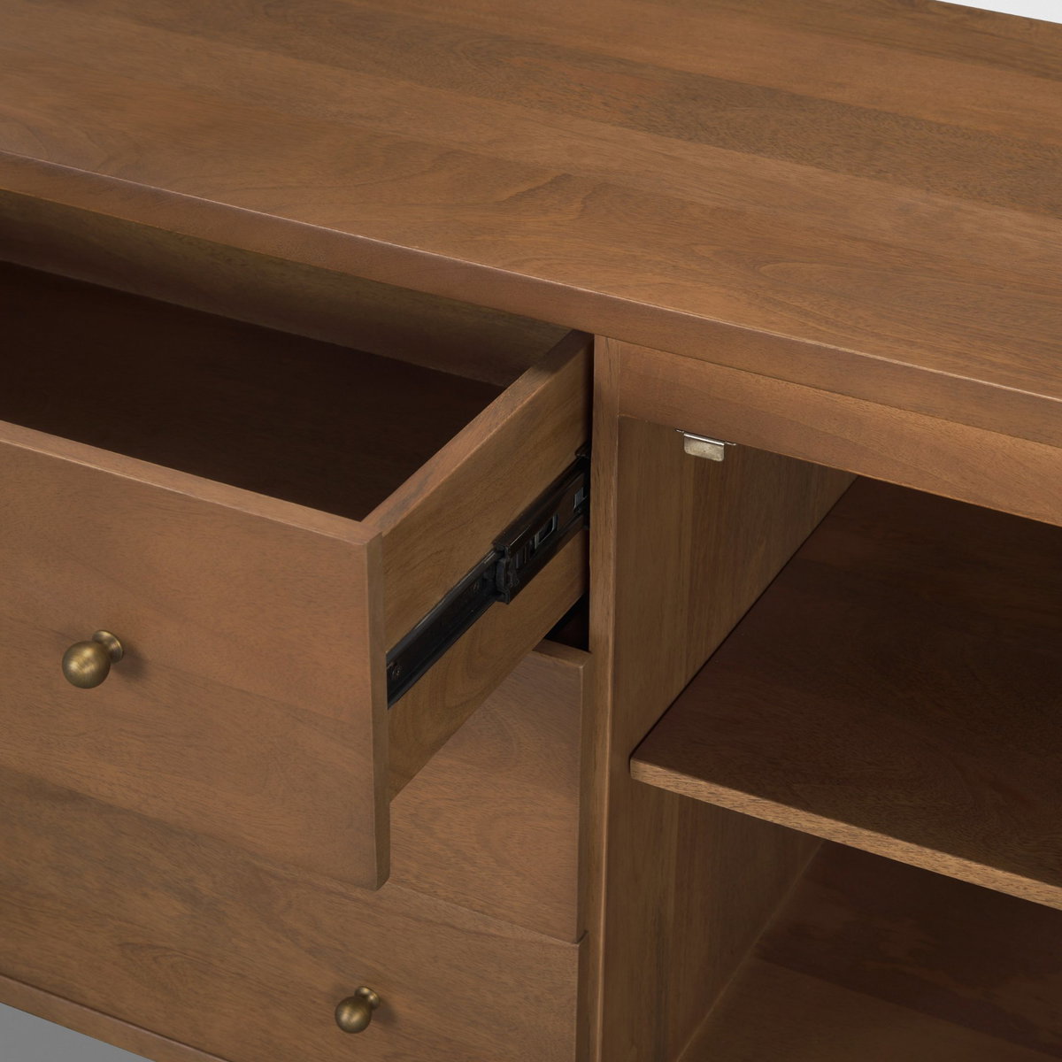 Jonan Medium Brown Wood with Dark Aged Brass 2 Door 3 Drawer Sideboard, Sideboards & Buffet by Mercana, 76" length x 18" width x 31" height View 14