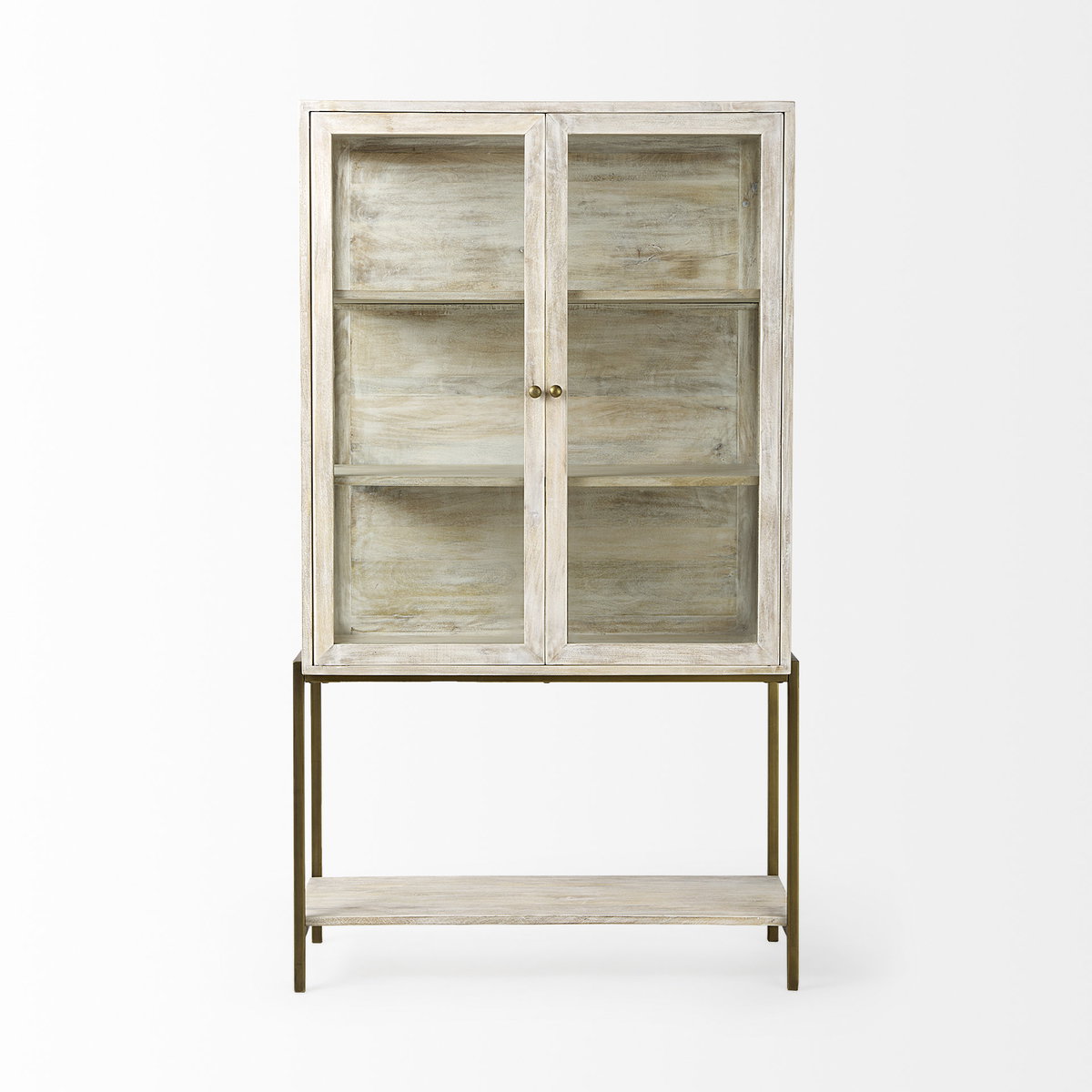 Arelius 36L x 18.75W x 63H White Wood with Gold Metal Base Display Cabinet, Cabinets & Sideboard by Mercana, 36" length x 18.75" width x 63" height View 4