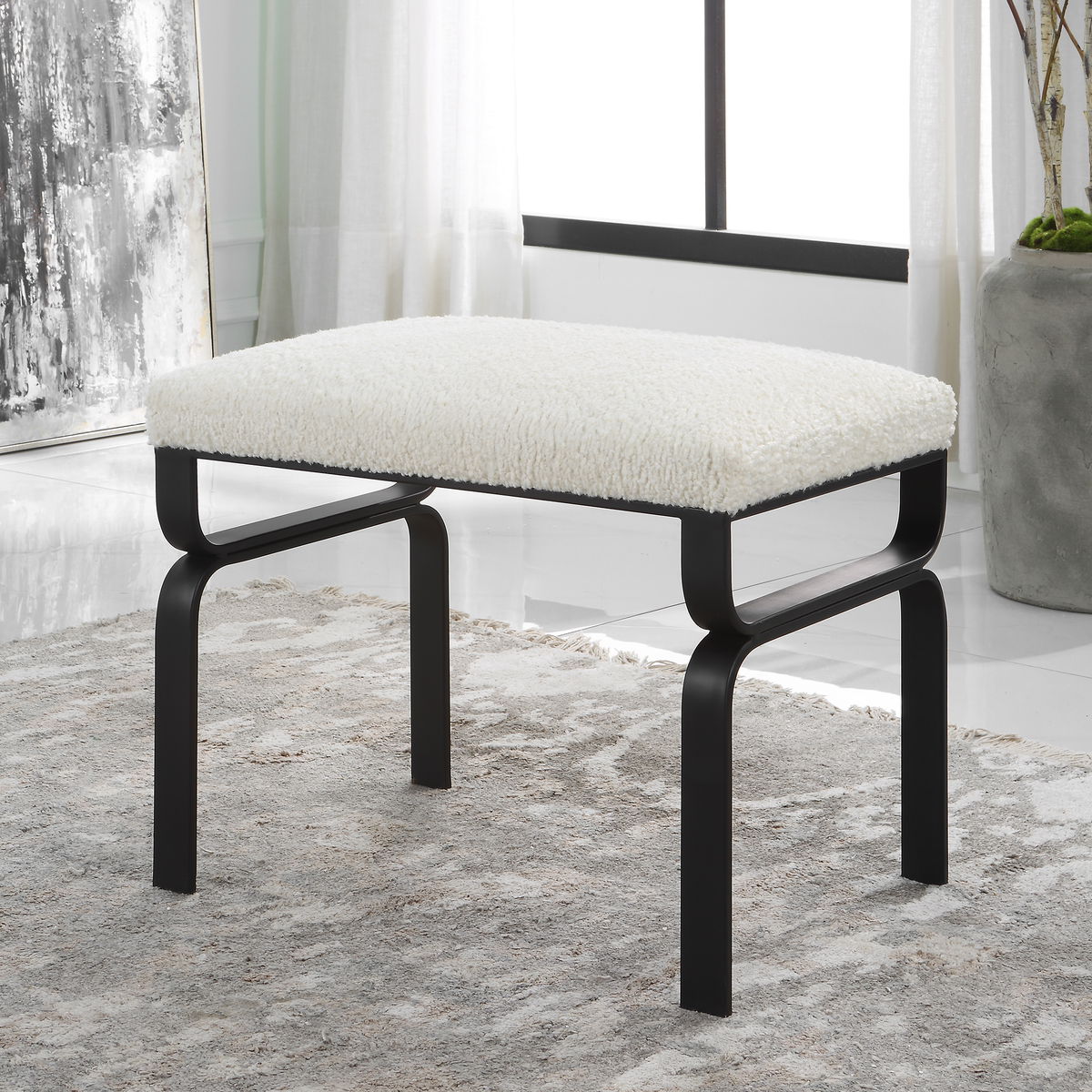 Diverge White Shearling Small Bench, Benche by Uttermost, 22.75" width x 18.75" height x 15.12" depth View 2