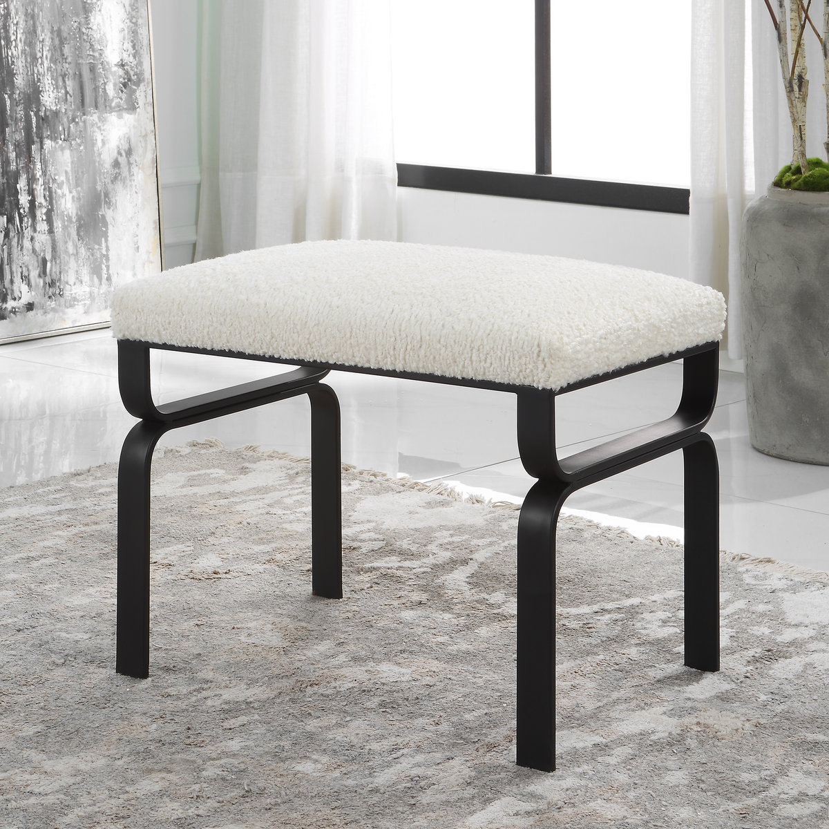 Diverge White Shearling Small Bench, Benche by Uttermost, 22.75" width x 18.75" height x 15.12" depth View 2