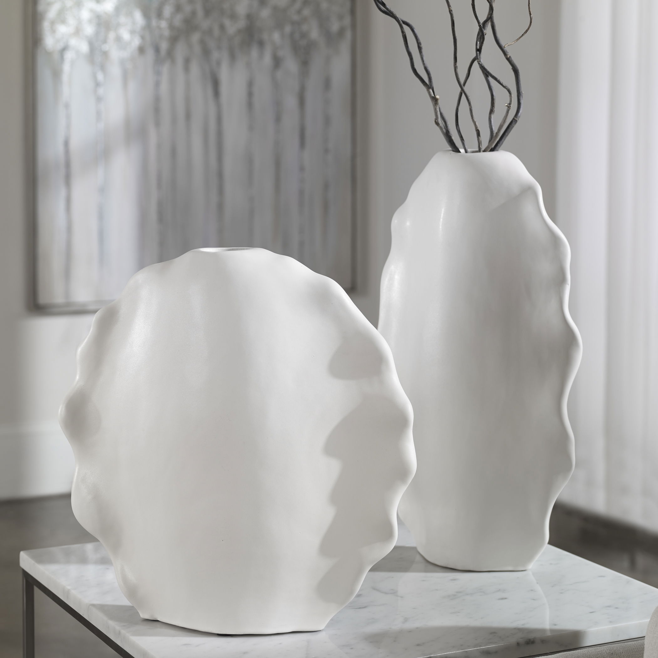 Ruffled Feathers Modern White Vases Set/2, Decorative by Uttermost, 12" width x 20" height x 5" depth View 2