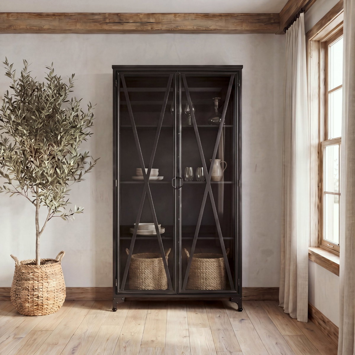 Poppy II 73.8' H Black Metal With Glass Door Display Cabinet, Cabinets & Sideboard by Mercana, 37.75" length x 15" width x 74" height View 2